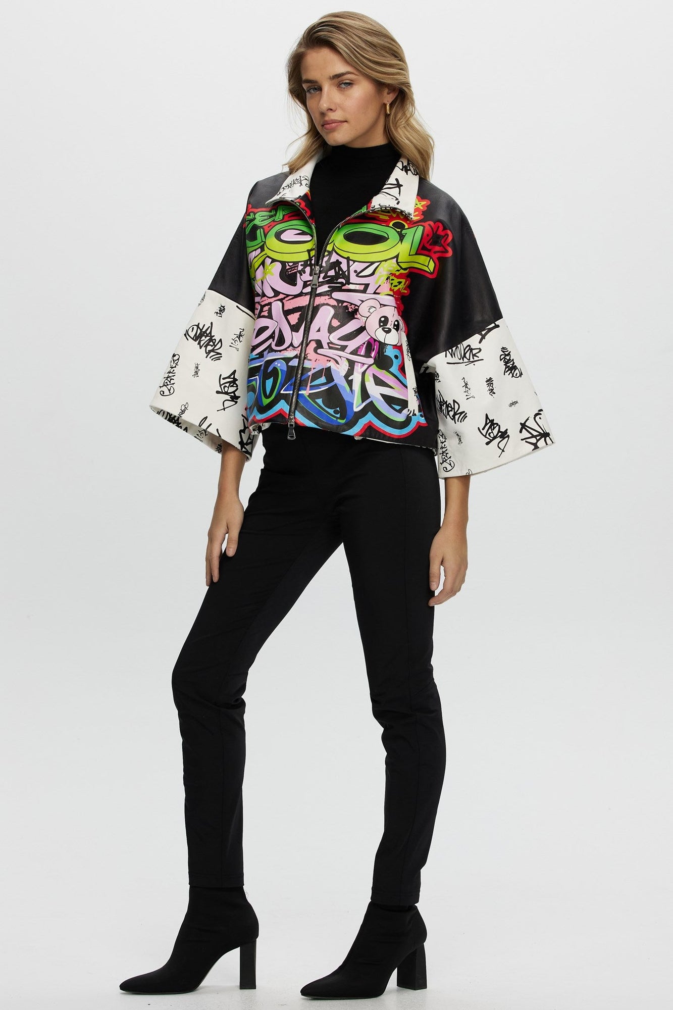 Leather Zip Jacket With Cropped Sleeves | Women | Graffiti Print