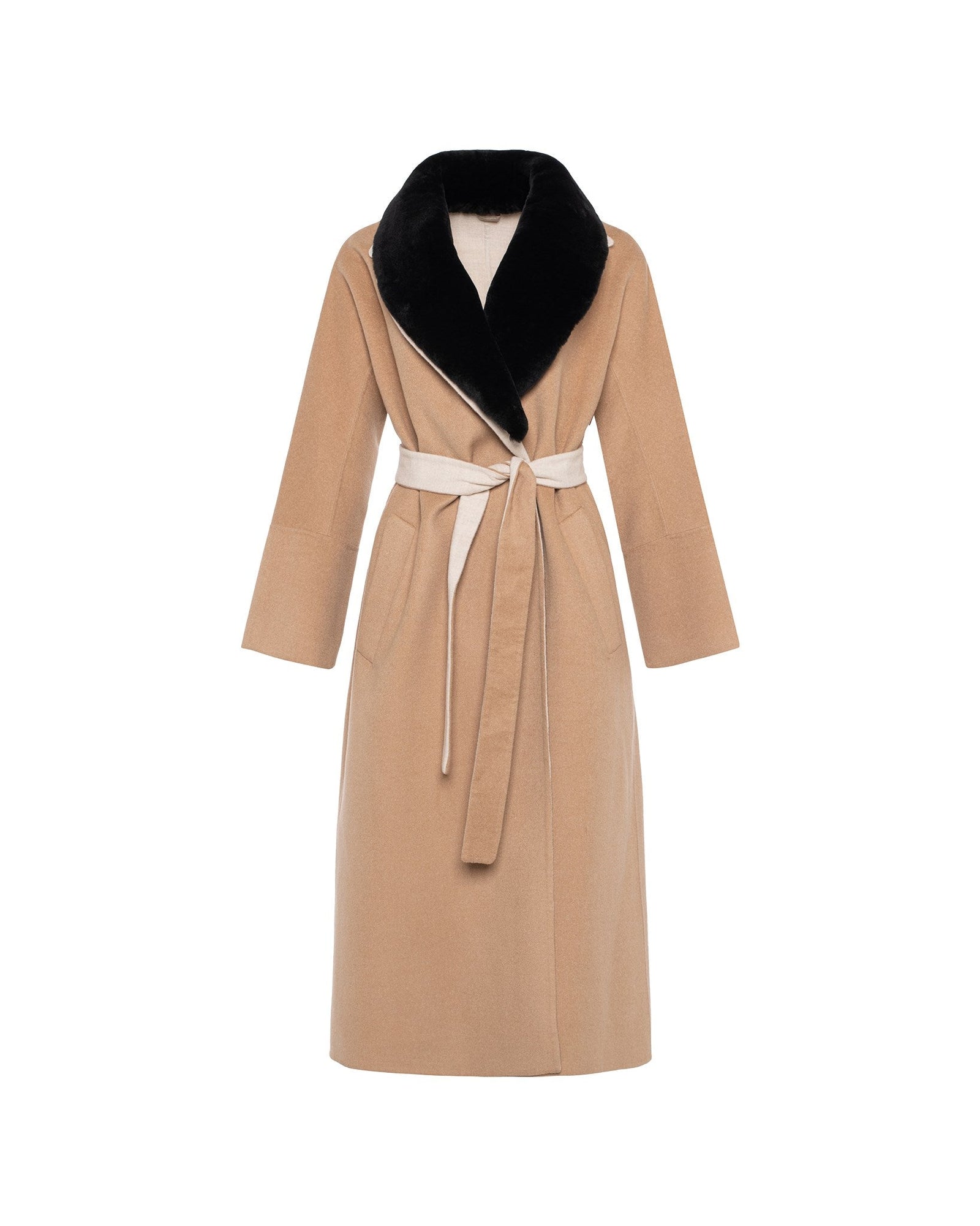 Loro Piana Wool Short Coat With Select Shearling Lamb Collar | Women | Camel x Beige