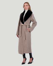 Loro Piana Wool Short Coat With Select Shearling Lamb Collar | Women | Taupe x Beige