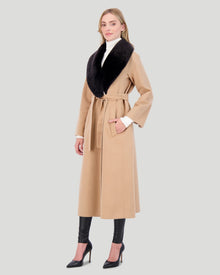 Loro Piana Wool Short Coat With Select Shearling Lamb Collar | Women | Camel x Beige