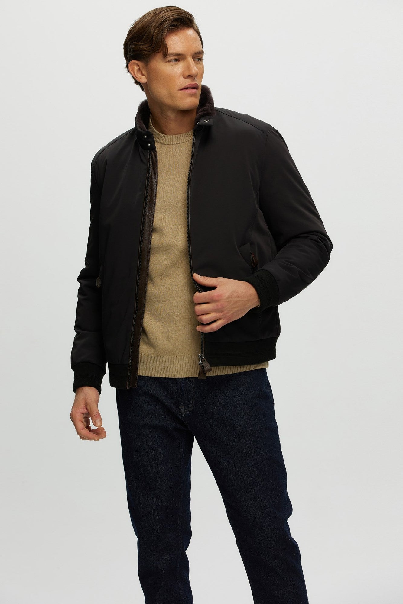 Fabric Jacket With Shearling Lamb | Men | Black