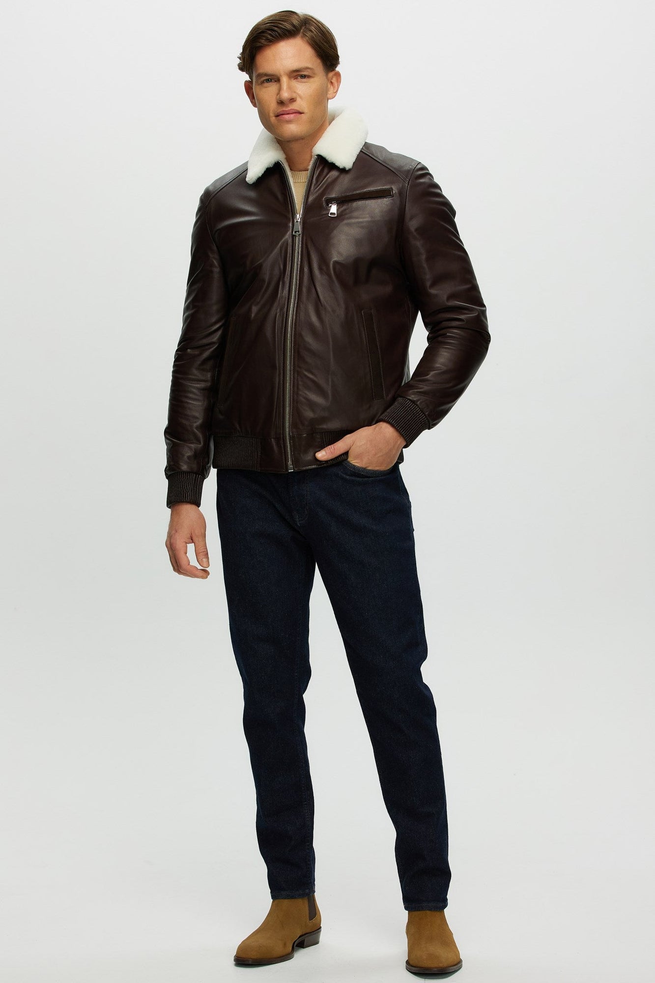 Leather Jacket With Shearling Lamb | Men | Brown