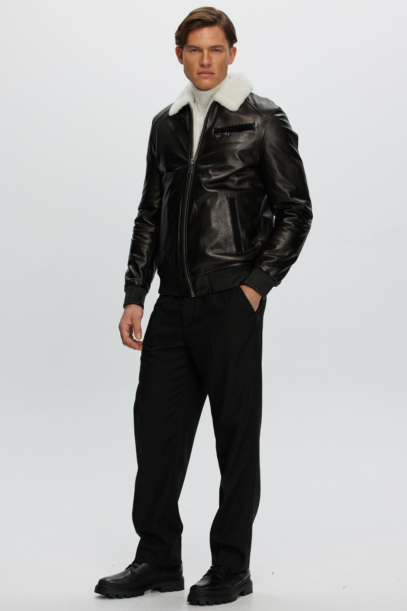 Leather Jacket With Shearling Lamb | Men | Black x White