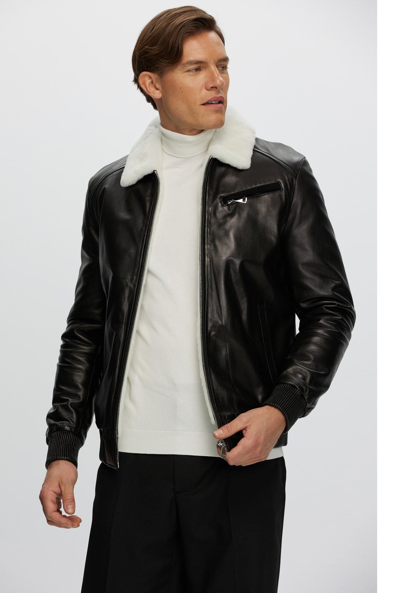 Leather Jacket With Shearling Lamb | Men | Black x White