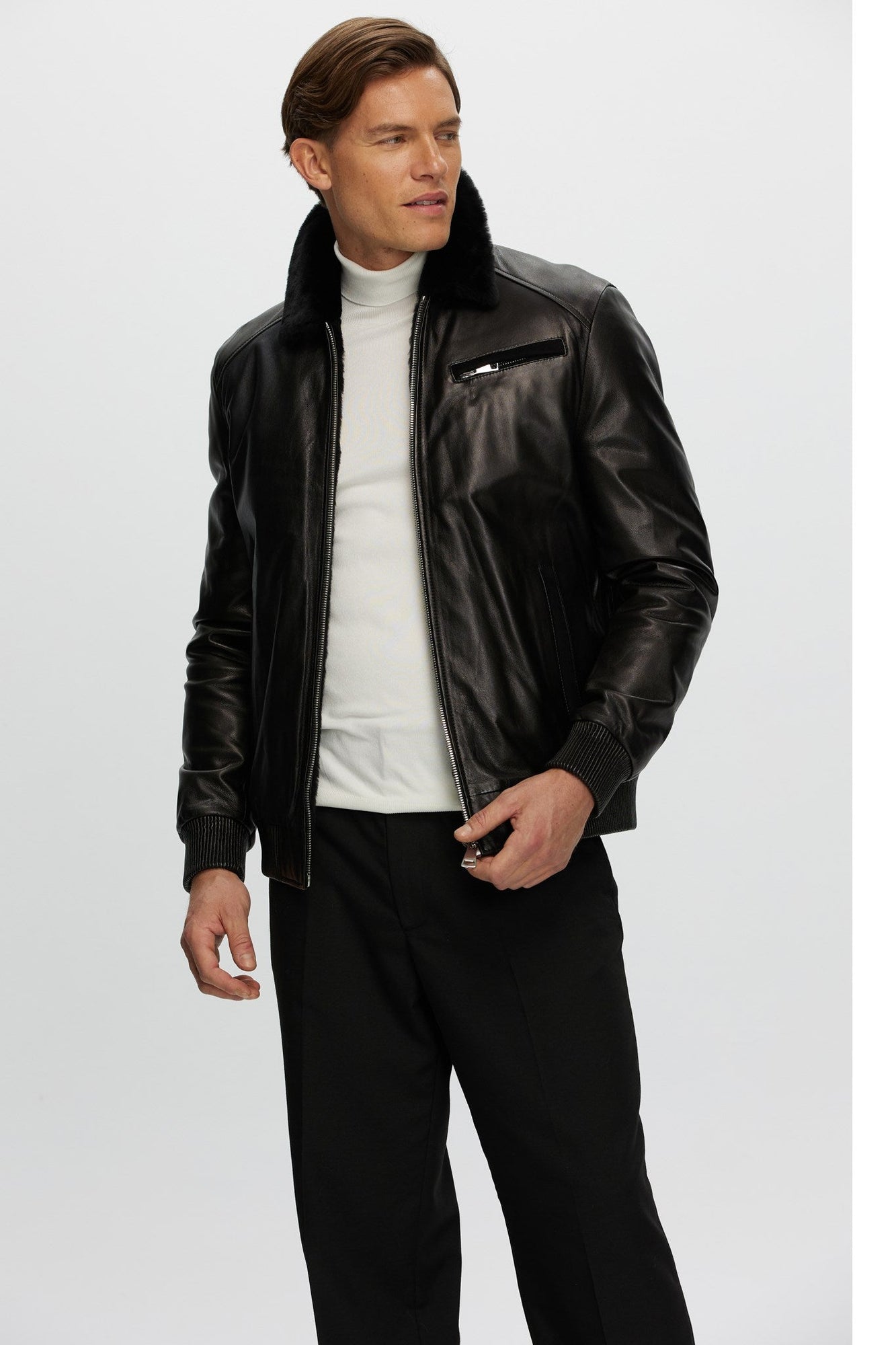 Leather Jacket With Shearling Lamb | Men | Black x Black