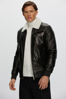 Leather Jacket With Shearling Lamb | Men | Black x White