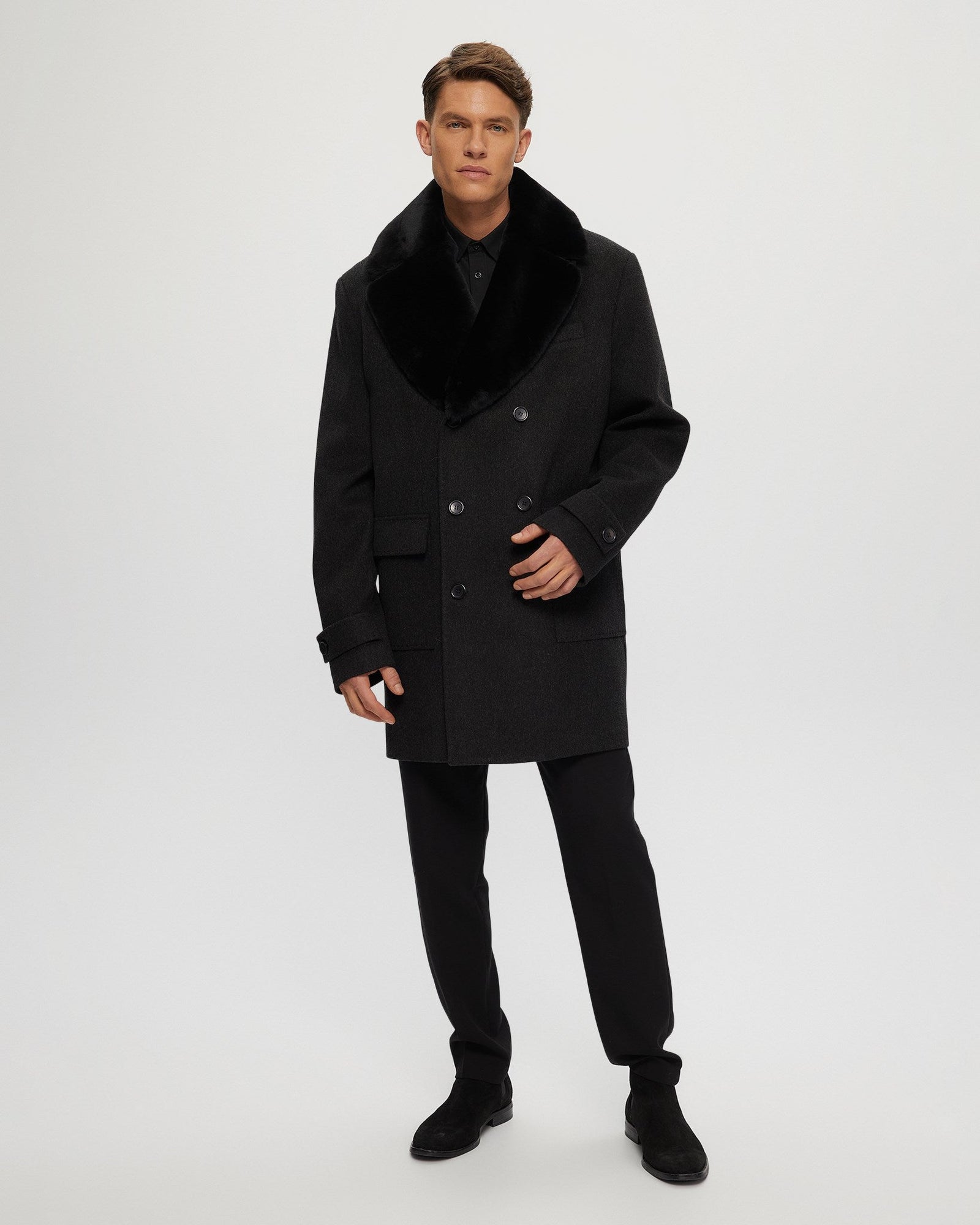 Loro Piana Wool Coat With Detachable Merino Shearling Lamb Collar | Men | Black Melange x Black