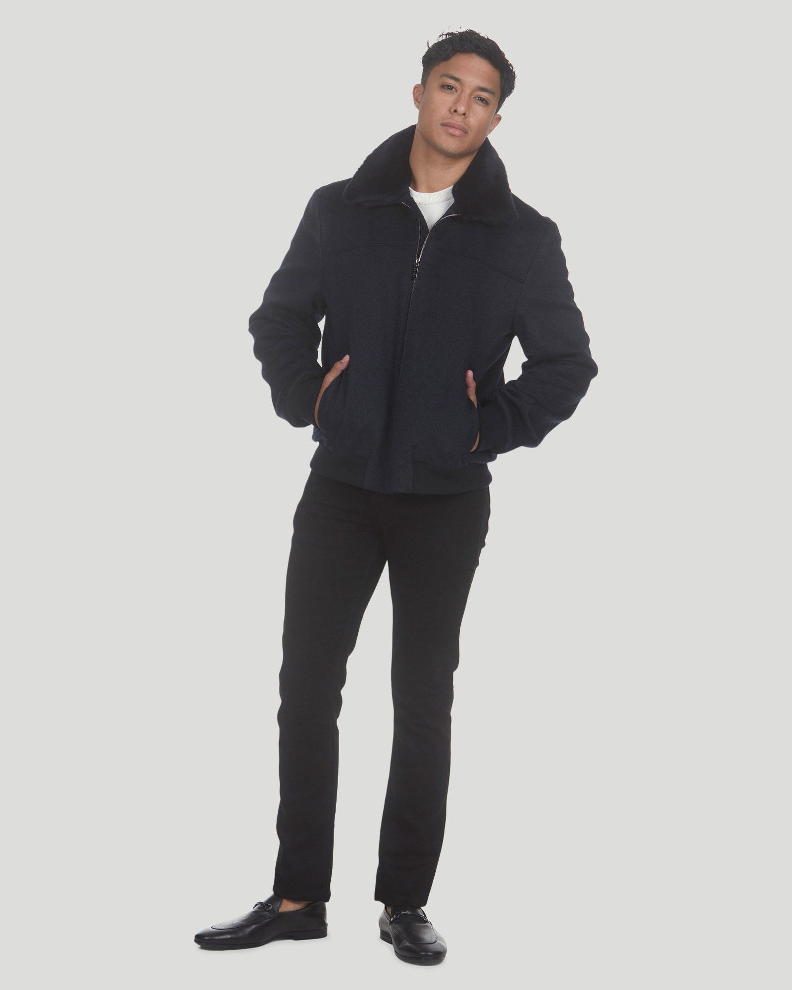 Loro Piana Wool Jacket With Detachable Select Shearling Lamb Collar | Men | Navy Melange