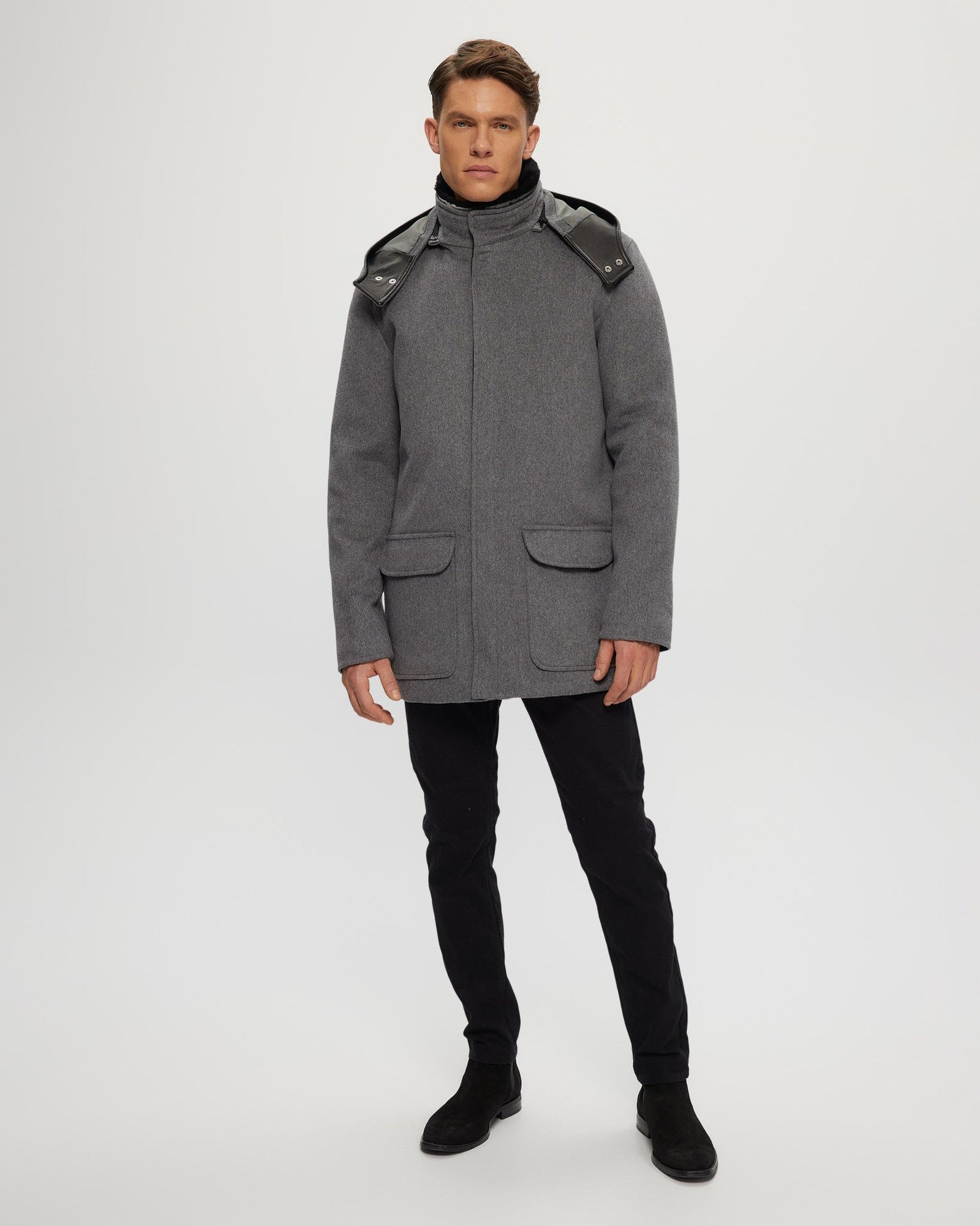 Loro Piana Wool Parka With Detachable Hood And Merino Shearling Lamb Collar | Men | Gray x Black