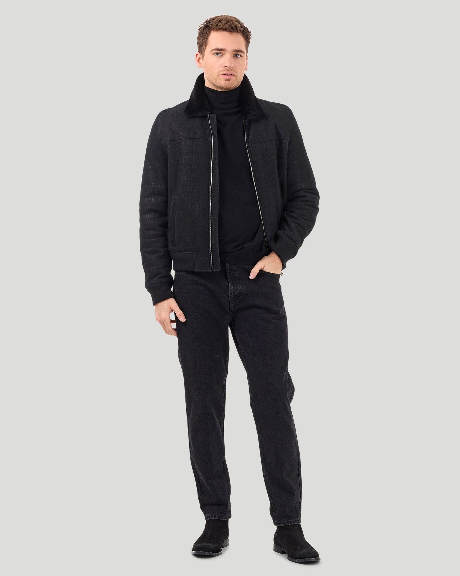 Merino Shearling Lamb Bomber Jacket | Men | Black Pattern