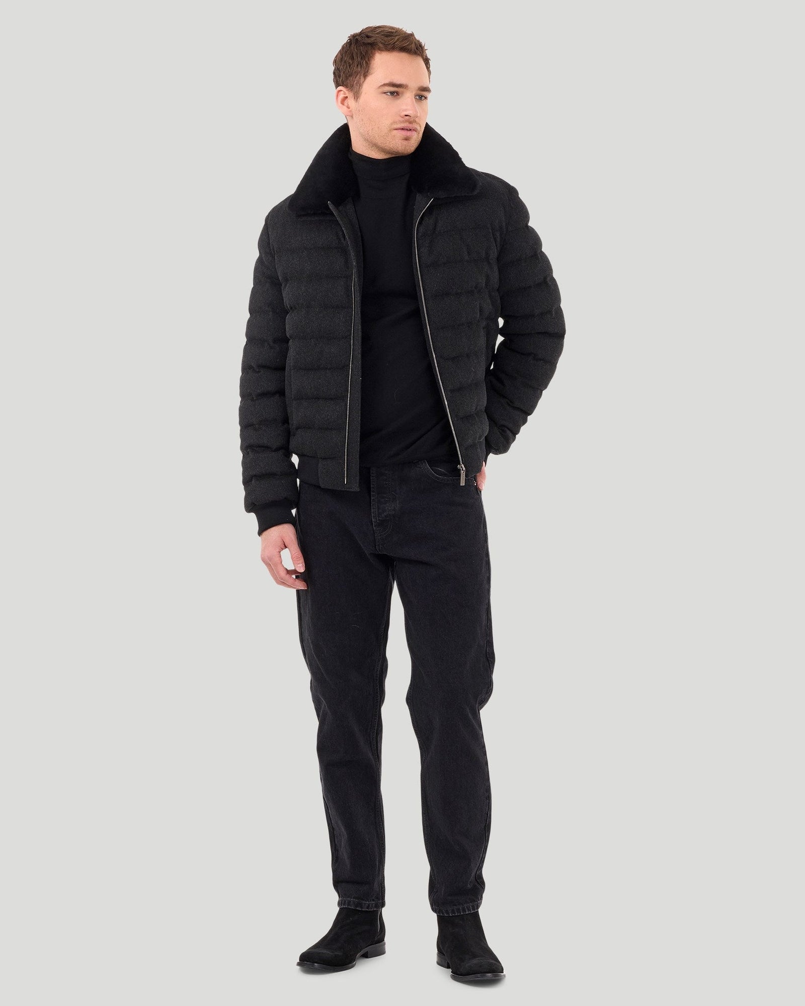 Quilted Wool Jacket With Detachable Select Shearling Lamb Collar | Men | Black Melange