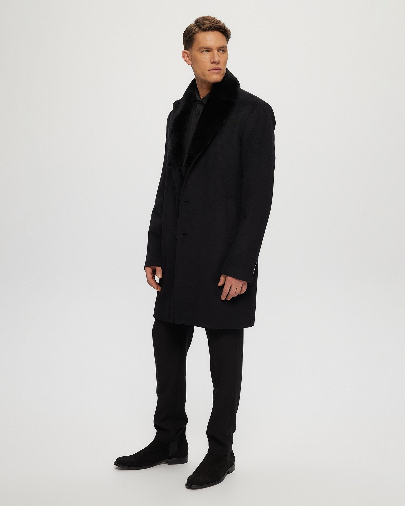 Wool Short Coat With Detachable Merino Shearling Lamb Collar | Men | Black x Black