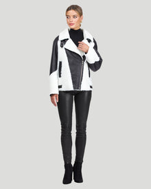 Merino Shearling Lamb Zip Moto Jacket | Women | Black x White