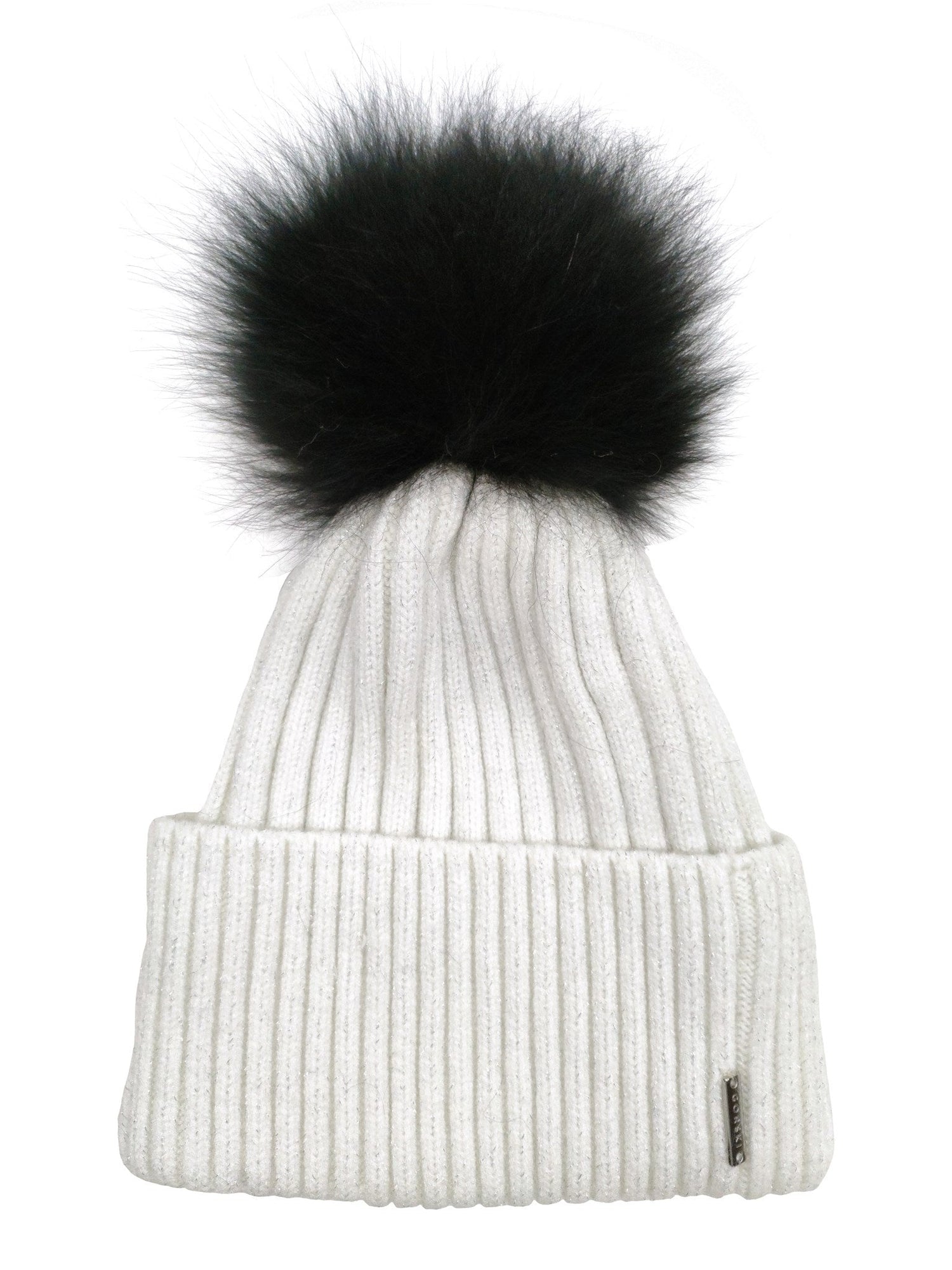 Metallic Wool Blend Knit Hat With Select Lamb Pompom | Women | Ivory x Black