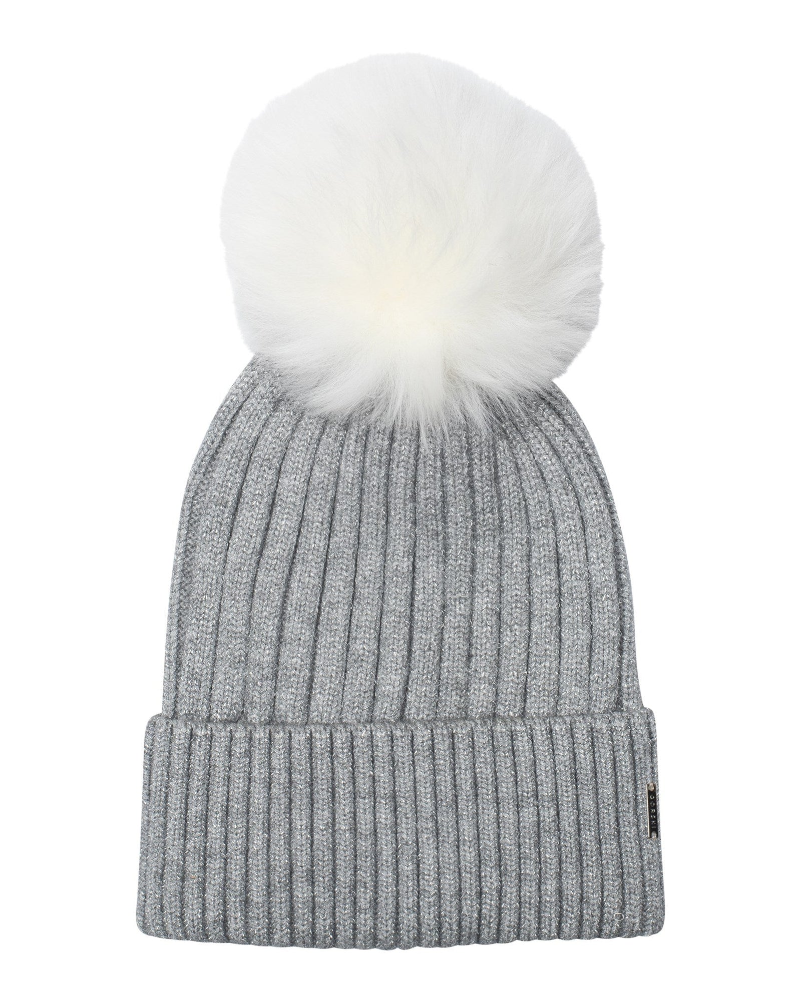 Metallic Wool Blend Knit Hat With Toscana Shearling Lamb Pompom | Women | Gray x White