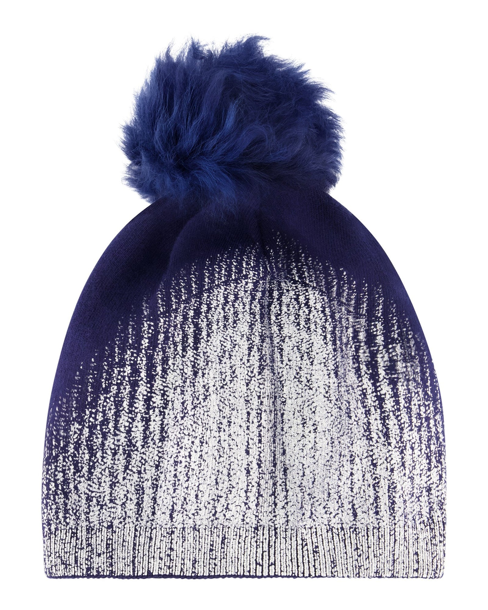 Metallic Wool Blend Knit Hat With Toscana Shearling Lamb Pompom | Women | Navy x Silver x Navy