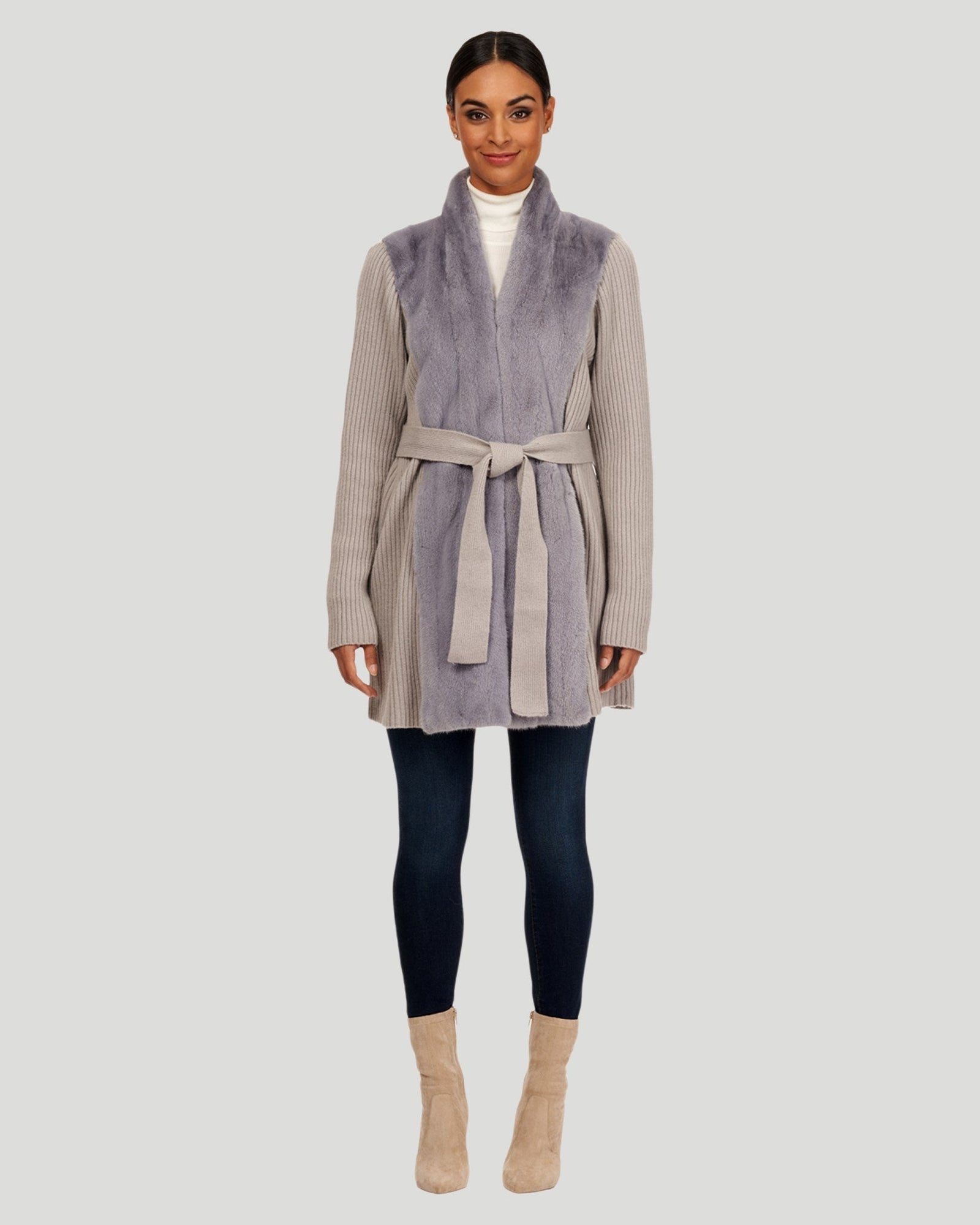 Mink And Cashmere Belted Jacket | Women | Gray Blue