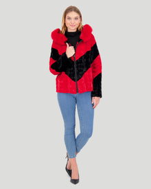 Mink Sections Jacket With Hood | Women | Red x Black