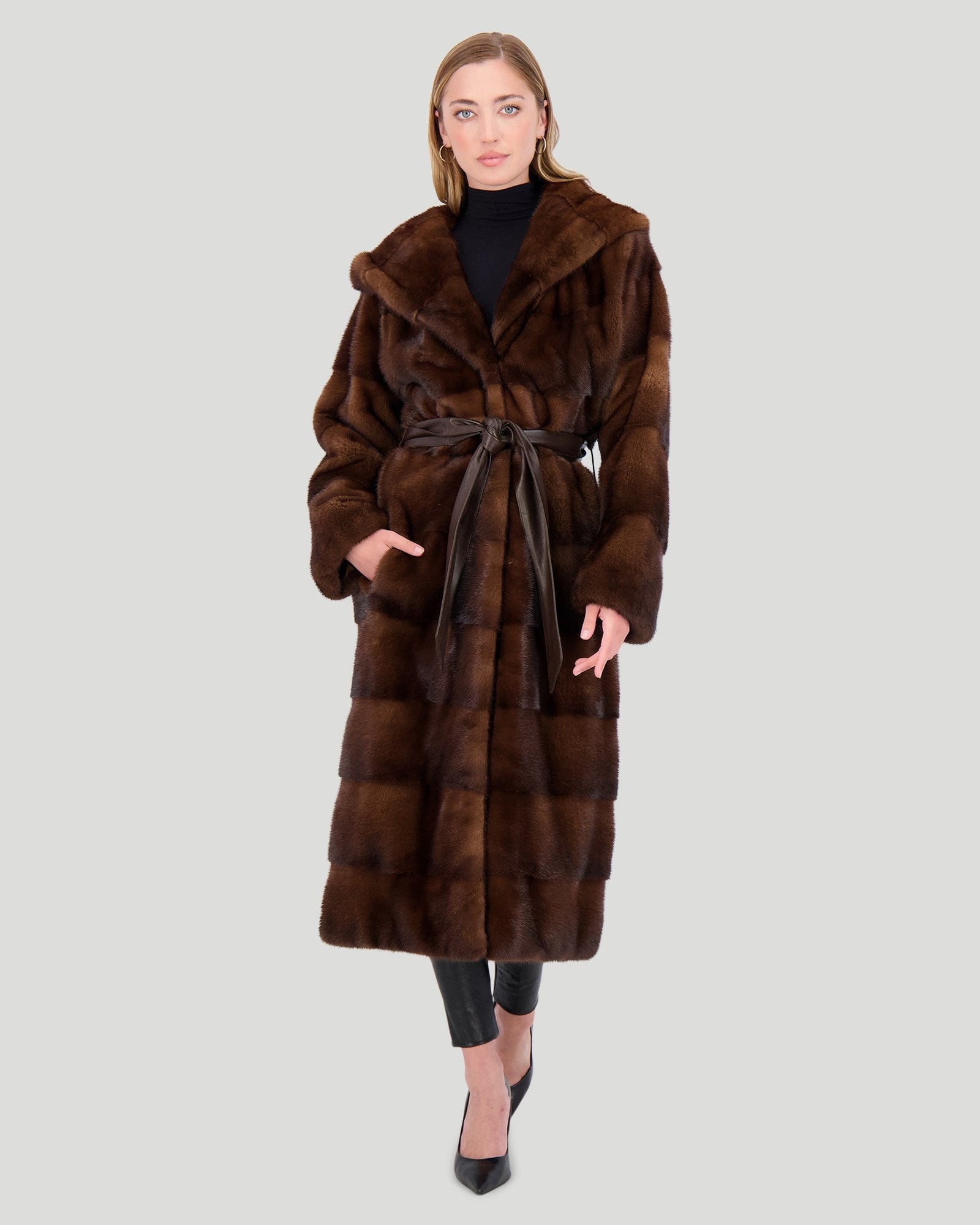 Mink Short Coat With Hood And Leather Belt | Women | Scanbrown