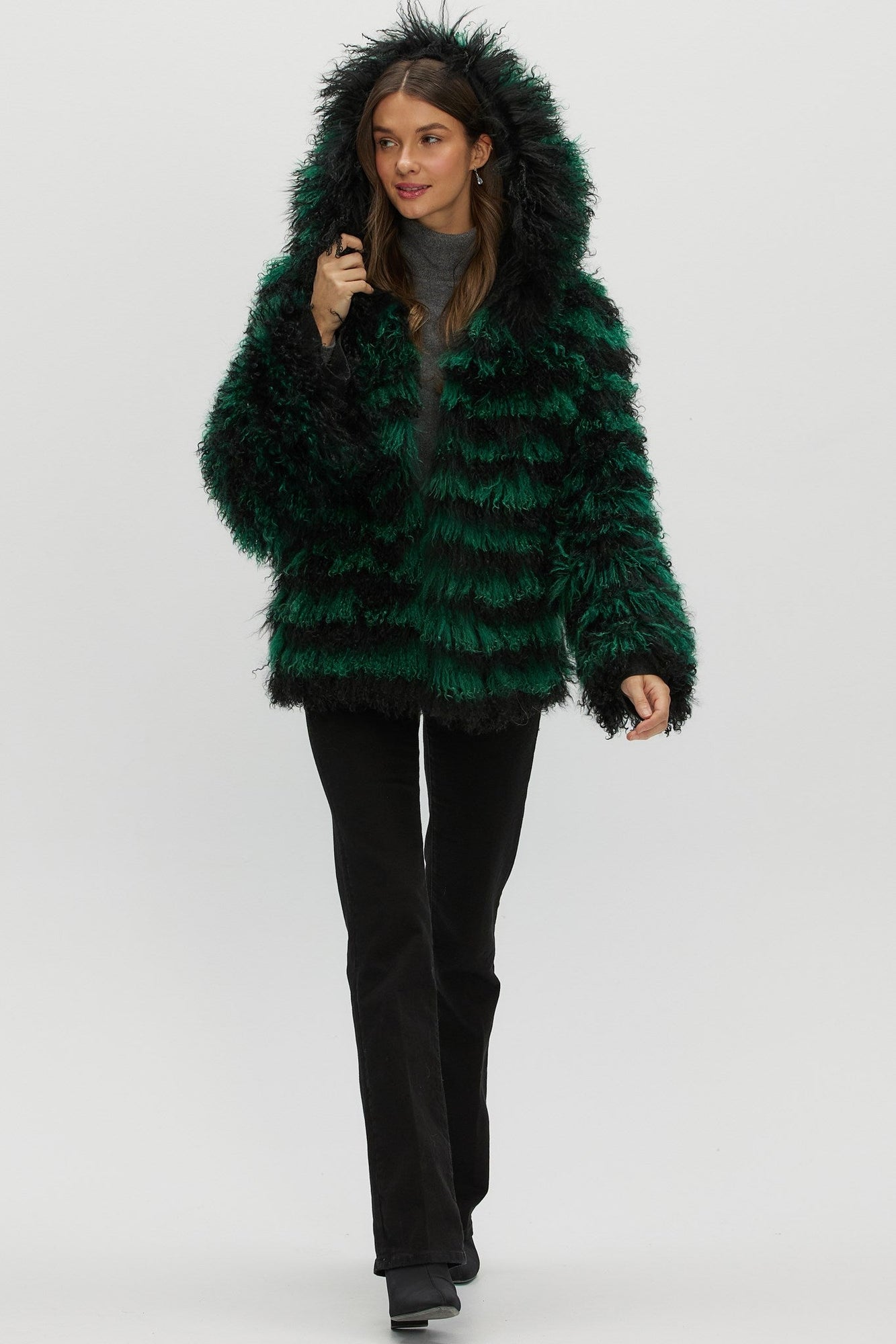 Mongolian (Tg) Shearling Lamb Jacket Reversible To Loro Piana Cashmere & Wool | Women | Green x Black