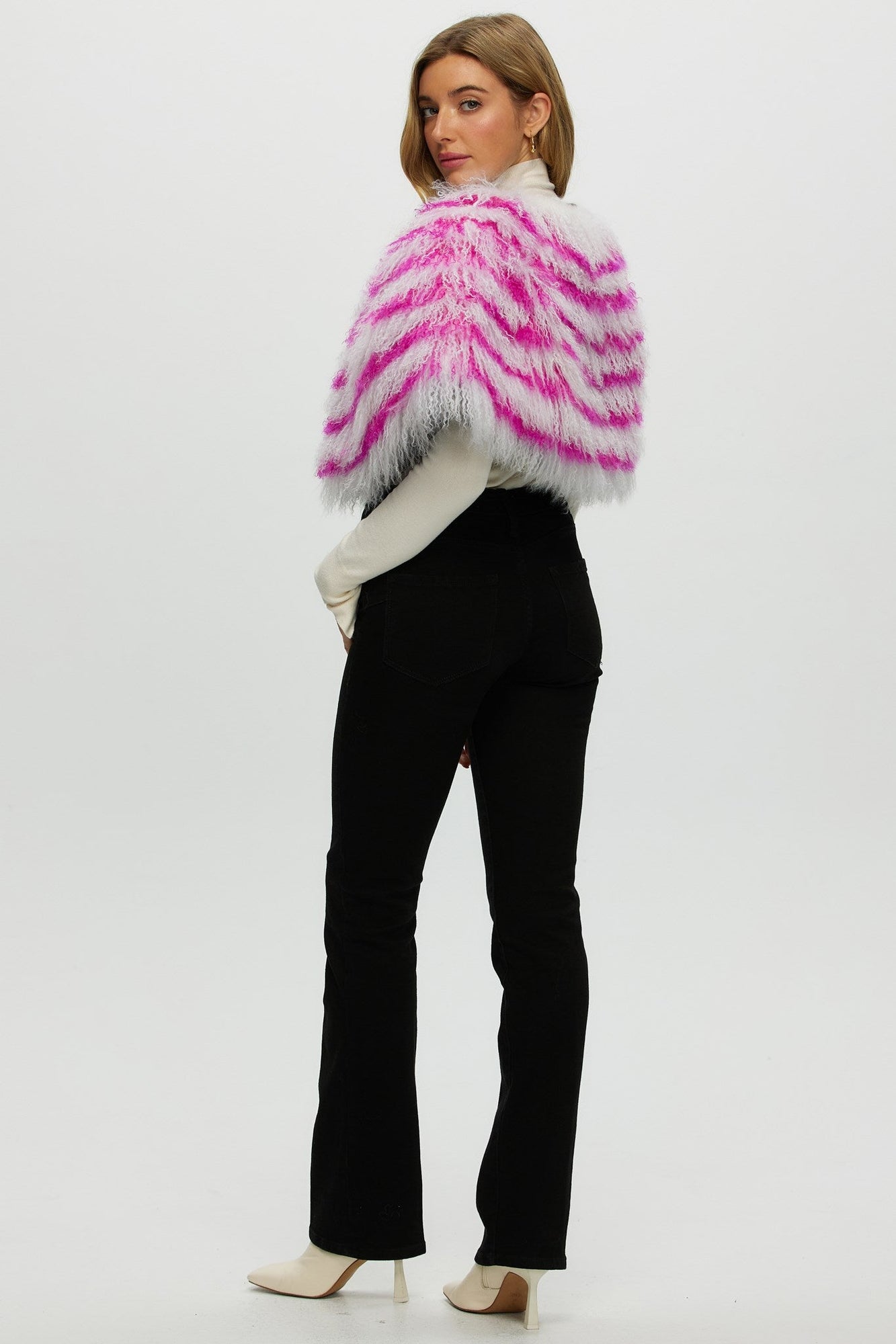 Mongolian (Tg) Shearling Lamb Stole Reversible To Loro Piana Cashmere & Wool | Women | White x Fuschia x Black