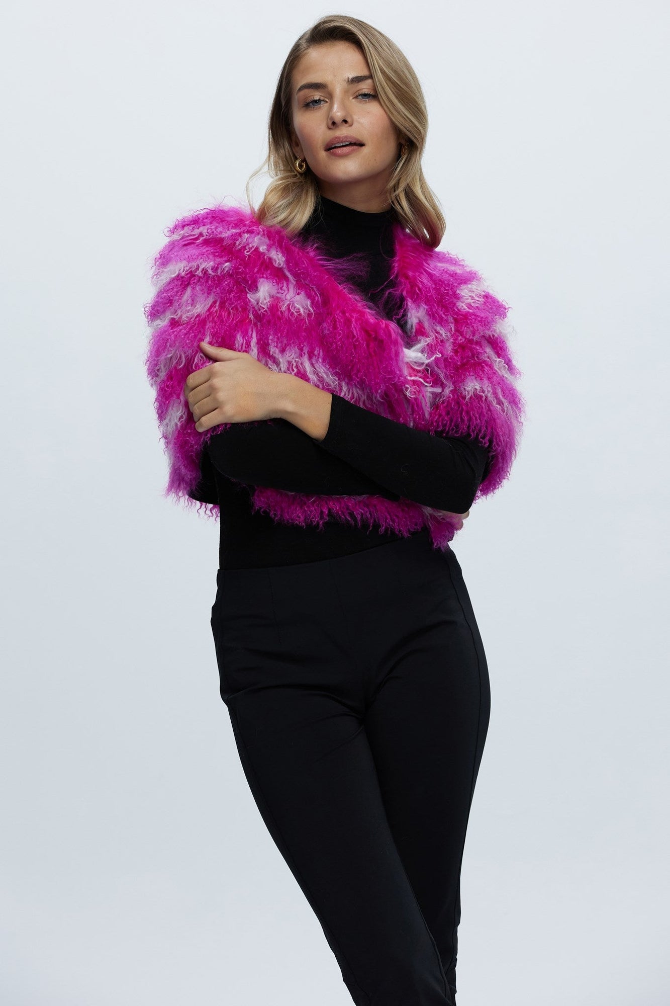 Mongolian (Tg) Shearling Lamb Stole Reversible To Loro Piana Cashmere & Wool | Women | Fuschia x White x Black