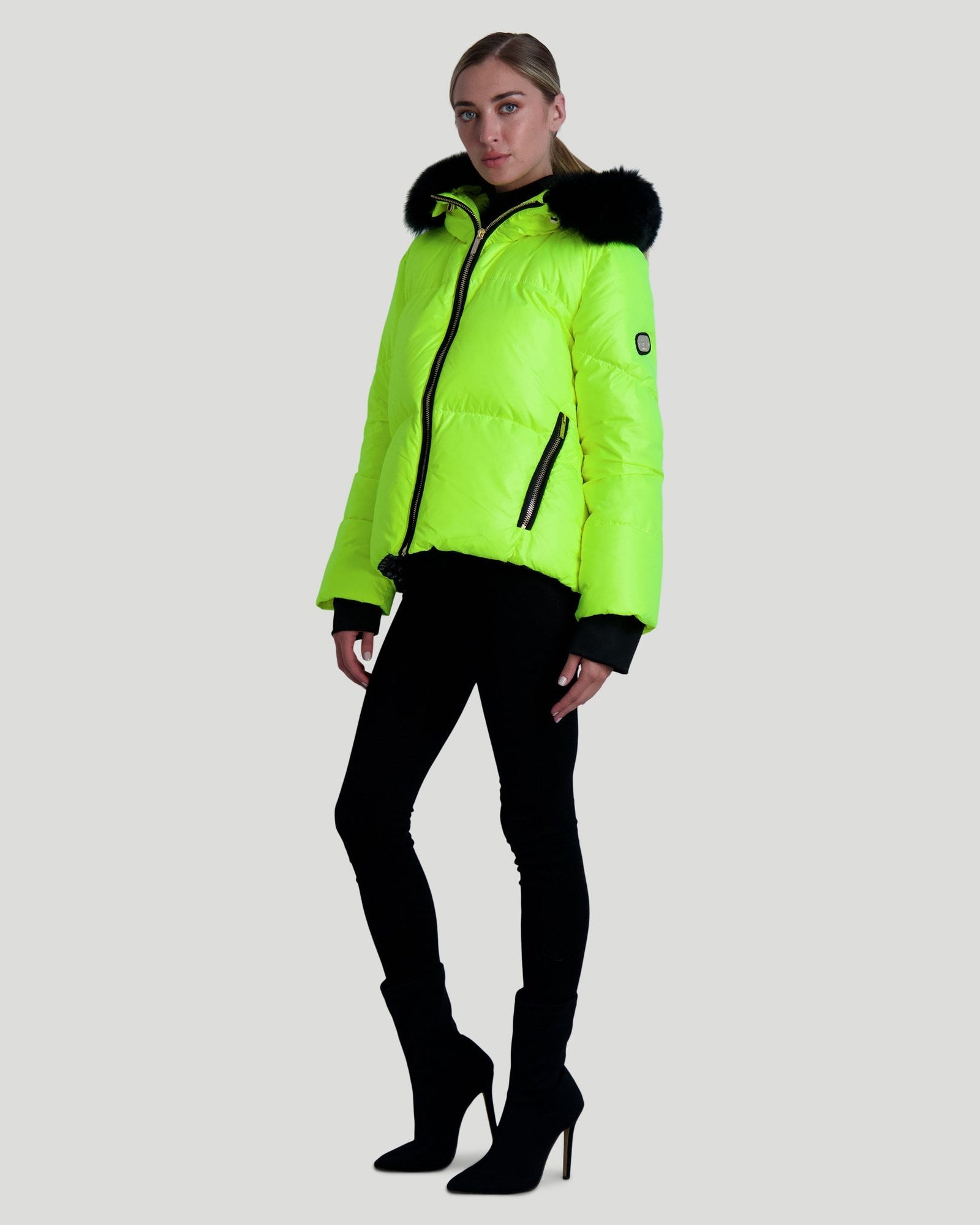 Après-Ski Jacket With Detachable Toscana Shearling Lamb Hood Trim | Women | Neon Yellow x Black