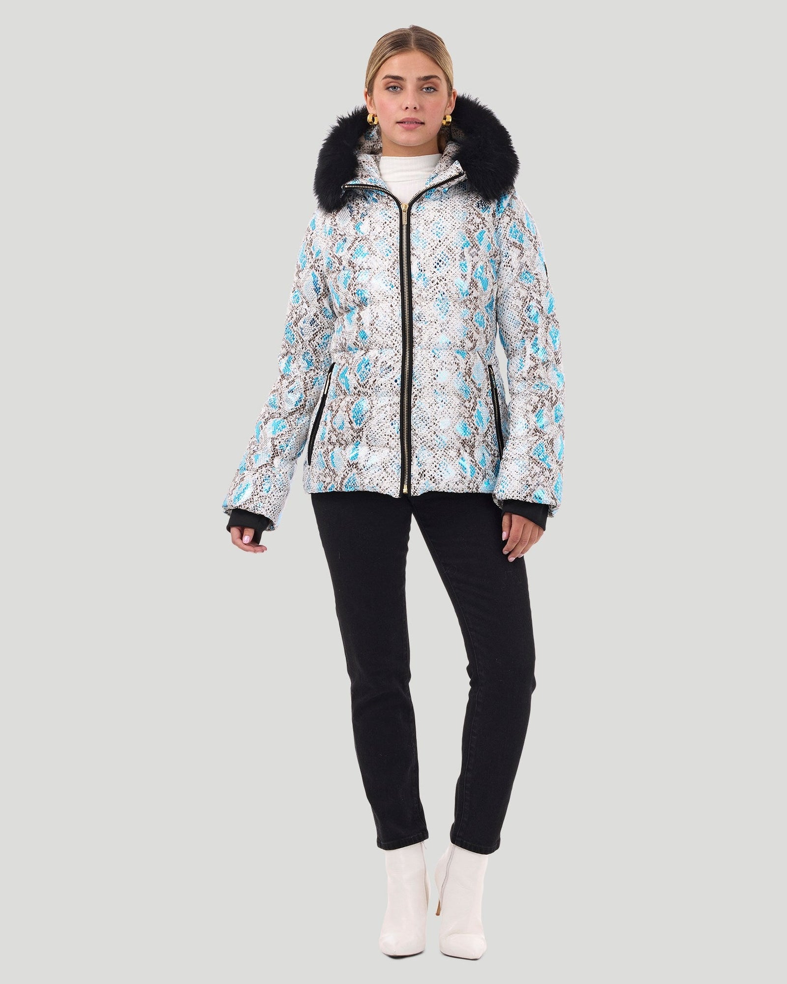 Printed Après-Ski Jacket With Detachable Toscana Shearling Lamb Hood Trim | Women | Blue Snk x Black