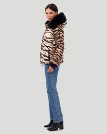 Printed Après-Ski Jacket With Detachable Toscana Shearling Lamb Hood Trim | Women | Brown Zbra x Black