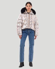 Printed Après-Ski Jacket With Detachable Toscana Shearling Lamb Hood Trim | Women | Bronze Snk x Black