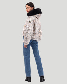 Printed Après-Ski Jacket With Detachable Toscana Shearling Lamb Hood Trim | Women | Bronze Snk x Black