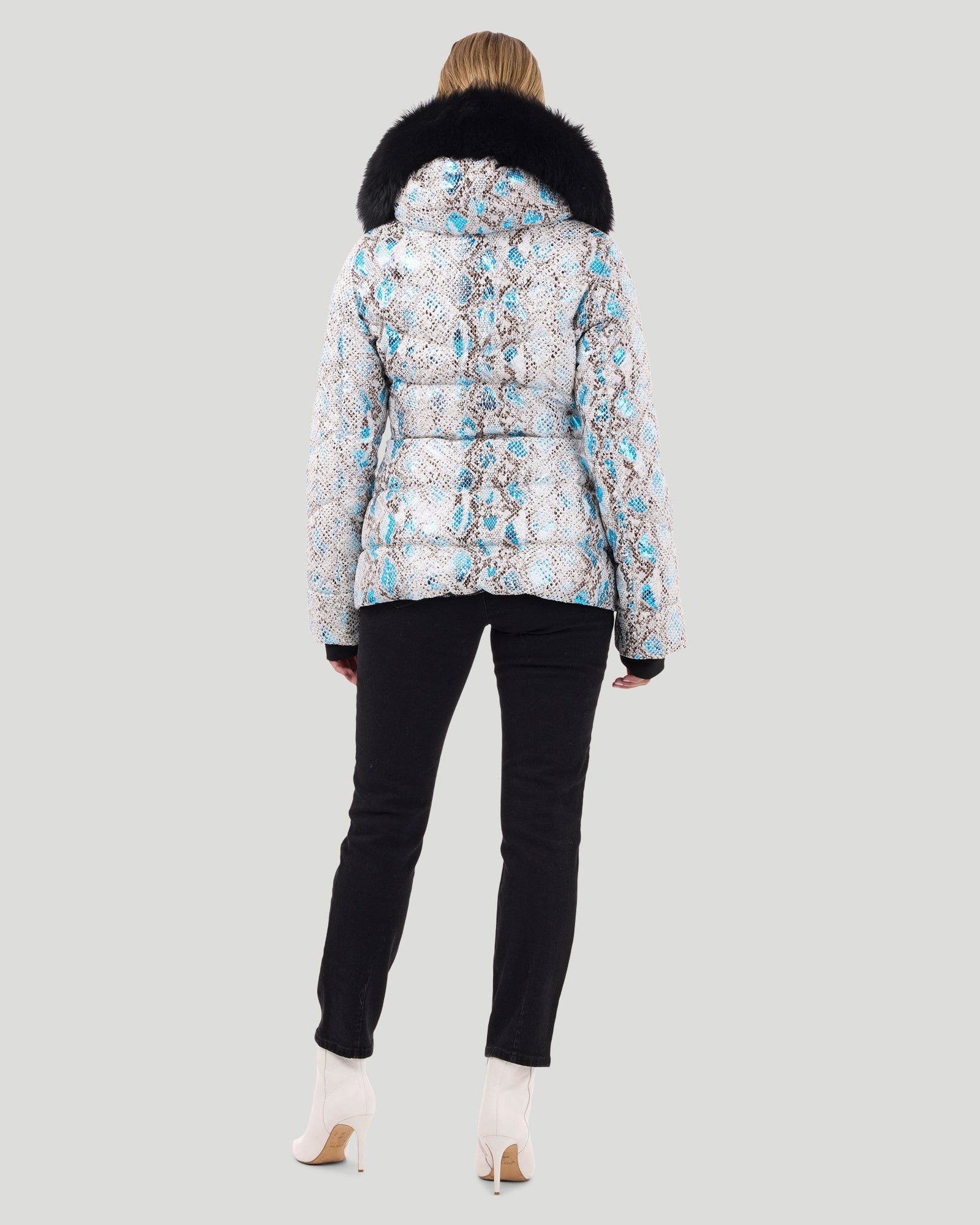 Printed Après-Ski Jacket With Detachable Toscana Shearling Lamb Hood Trim | Women | Blue Snk x Black