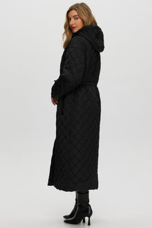 Quilted Fabric Zip Coat With Hood | Women | Black