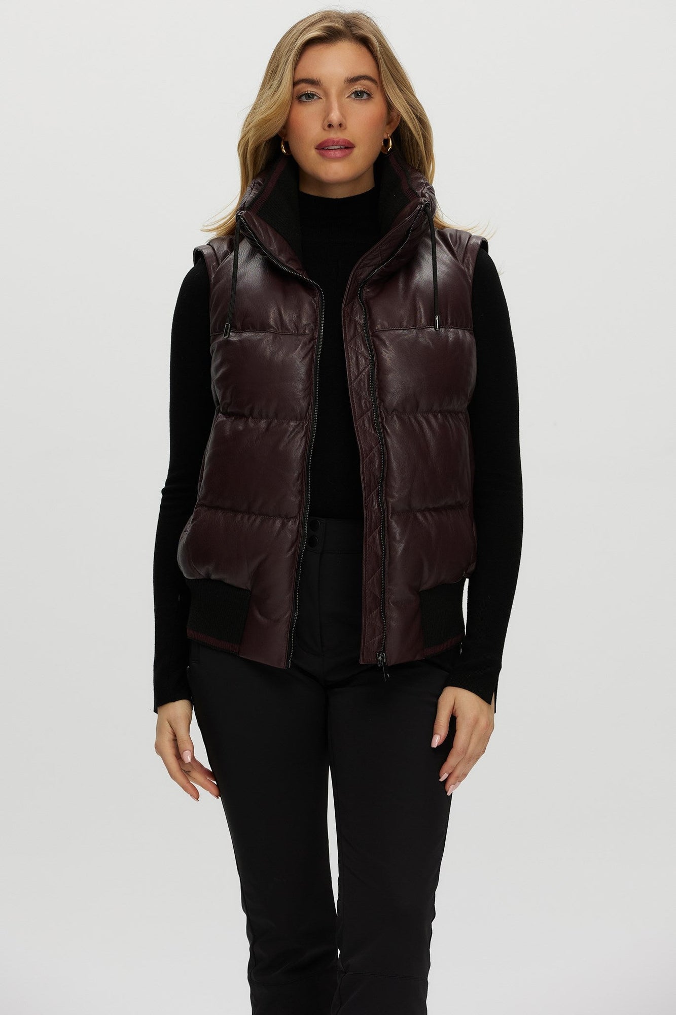 Quilted Leather Jacket With Detachable Fabric Sleeves | Women | Burgundy