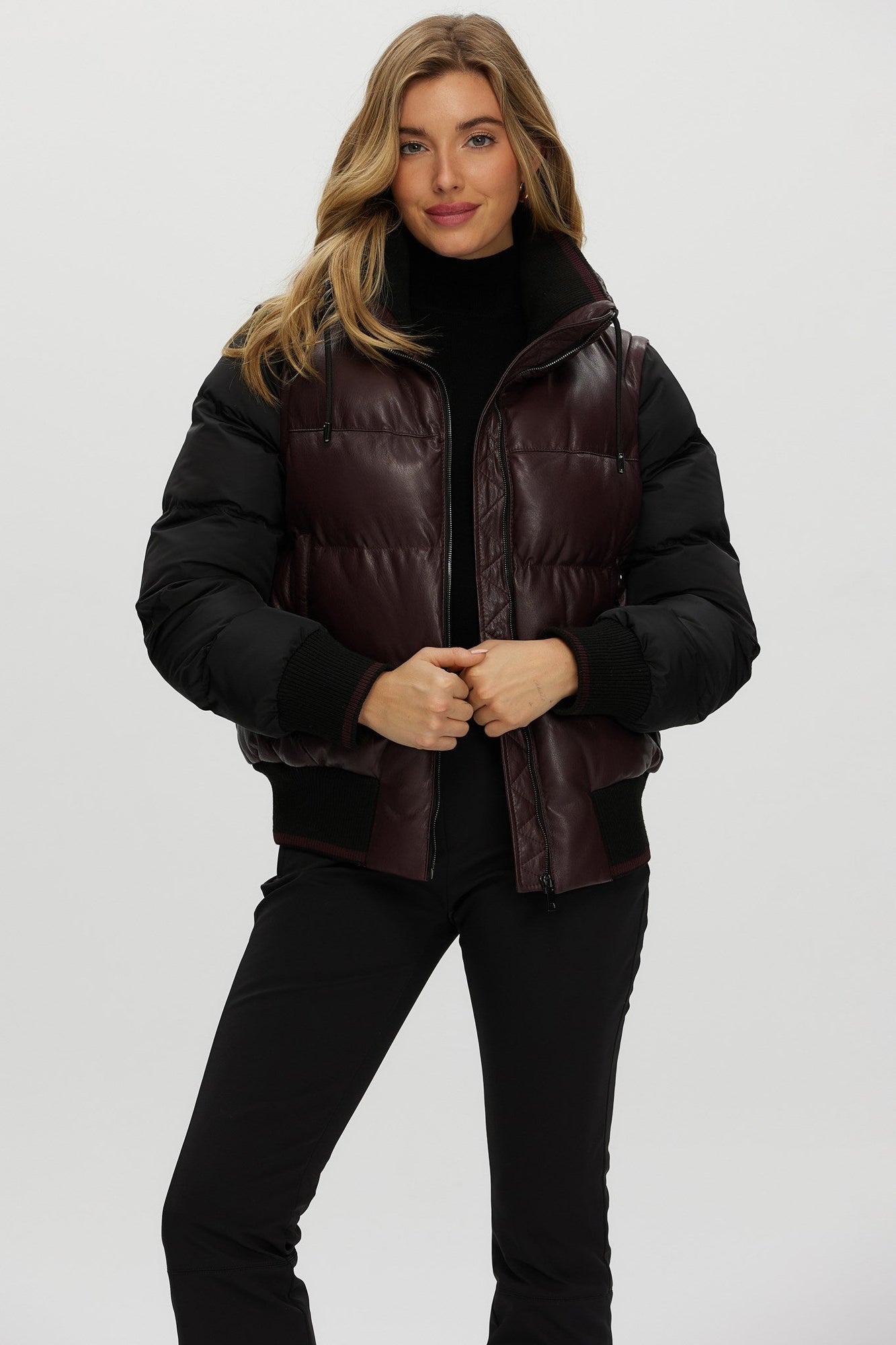 Quilted Leather Jacket With Detachable Fabric Sleeves | Women | Burgundy