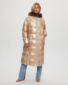 Quilted Parka With Shearling Lamb Hood Trim | Women | Rose Gold x Spot Print