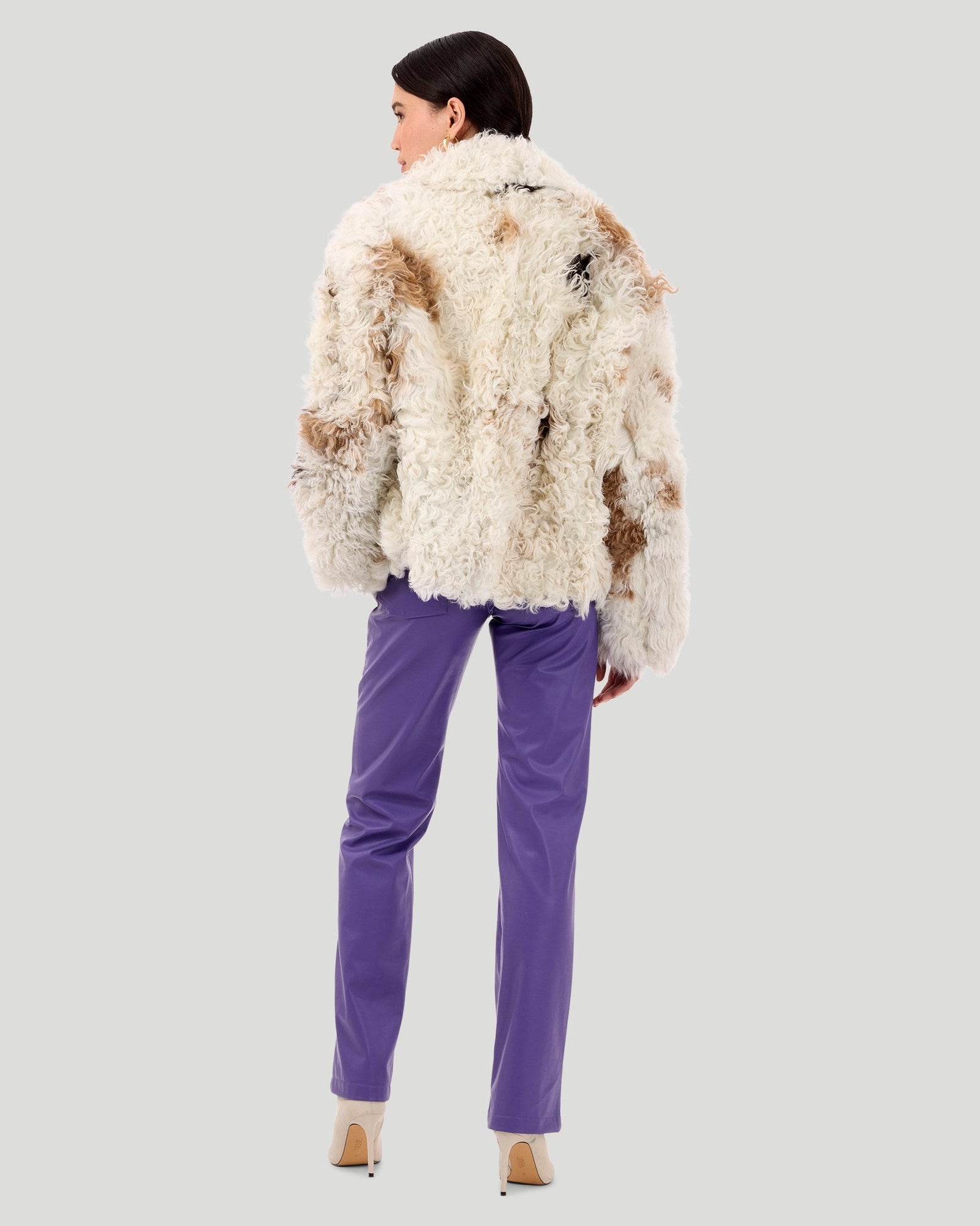 Reversible Long Hair Select Shearling Lamb Jacket | Women | White x Brown Spotted x Light Blue