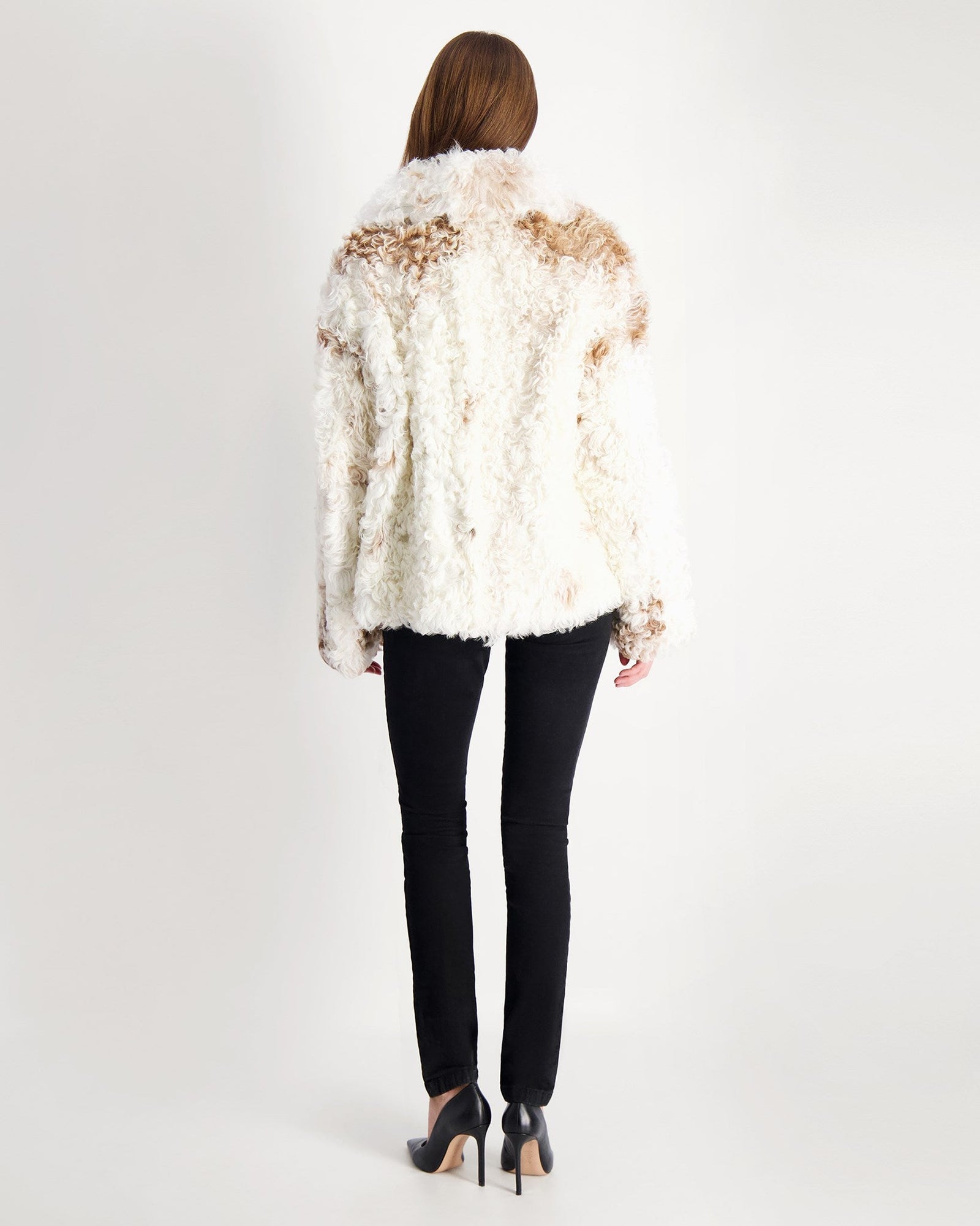 Reversible Long Hair Select Shearling Lamb Jacket | Women | White x Brown Spotted