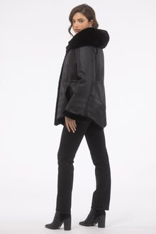 Reversible Merino Shearling Lamb Jacket, Hood | Women | Black x Black