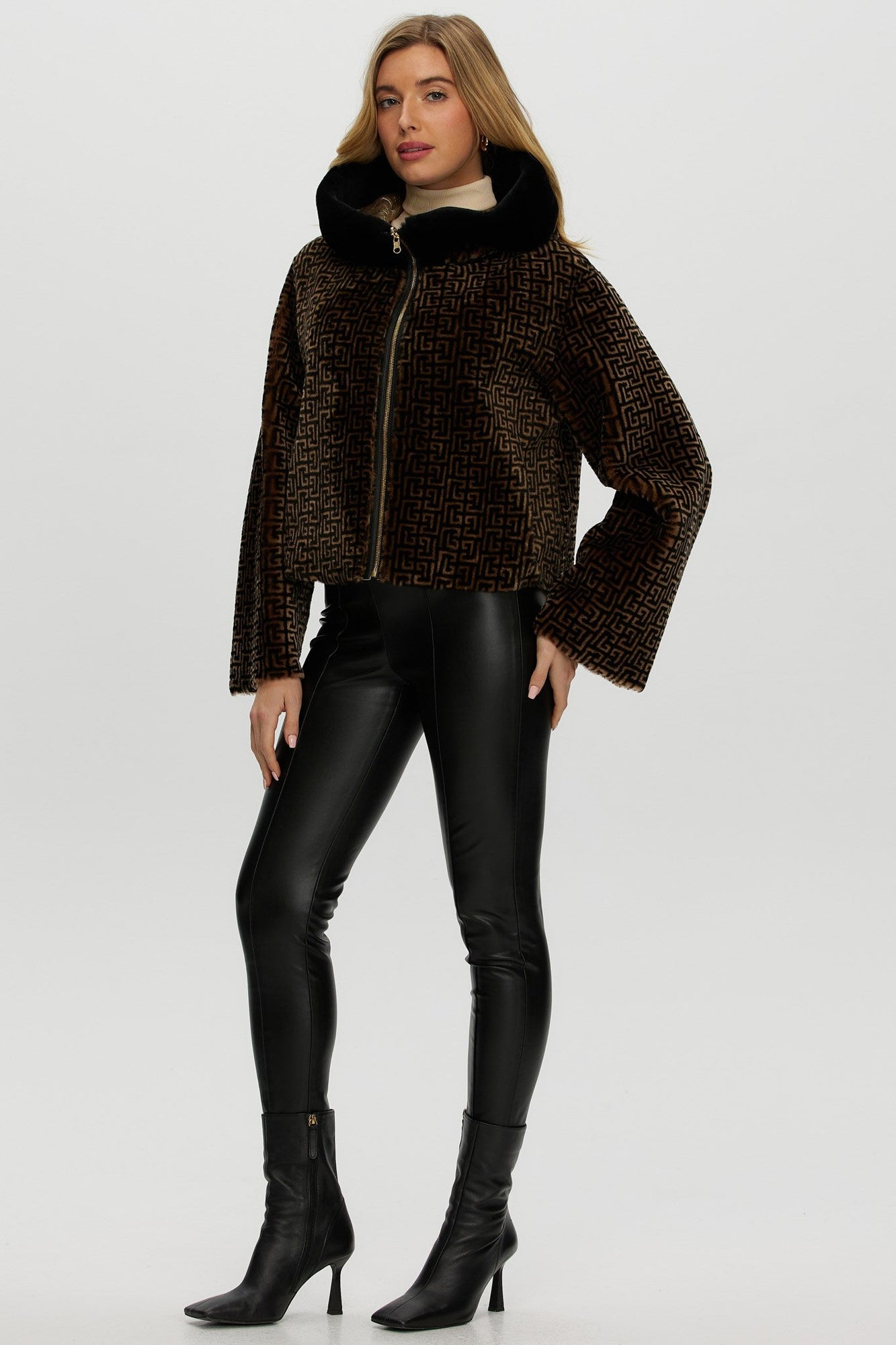 Reversible Merino Shearling Lamb Jacket | Women | Brown x Black Print