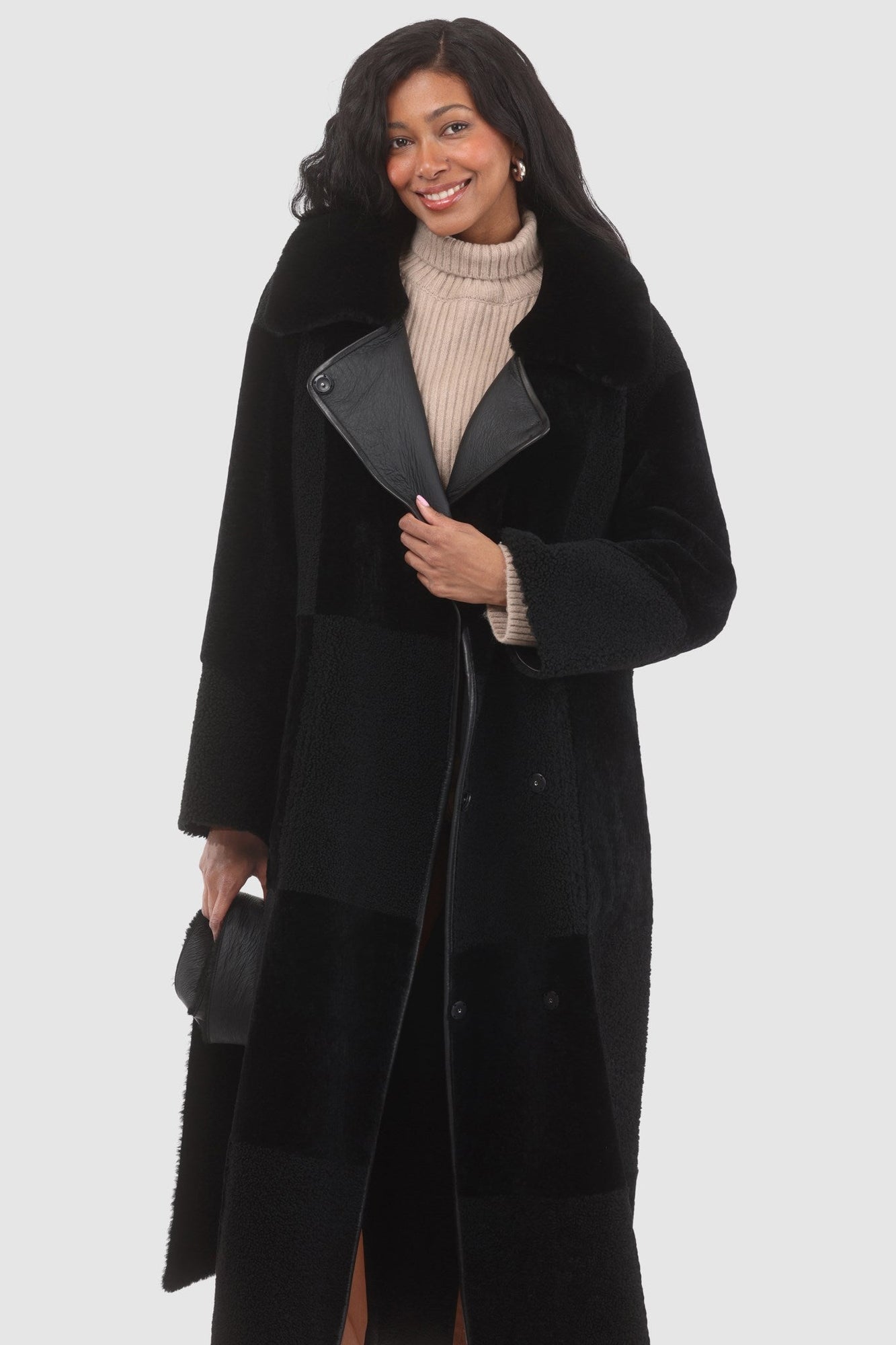 Reversible Select Shearling Lamb Coat With Notch Collar, Belt | Women | Black