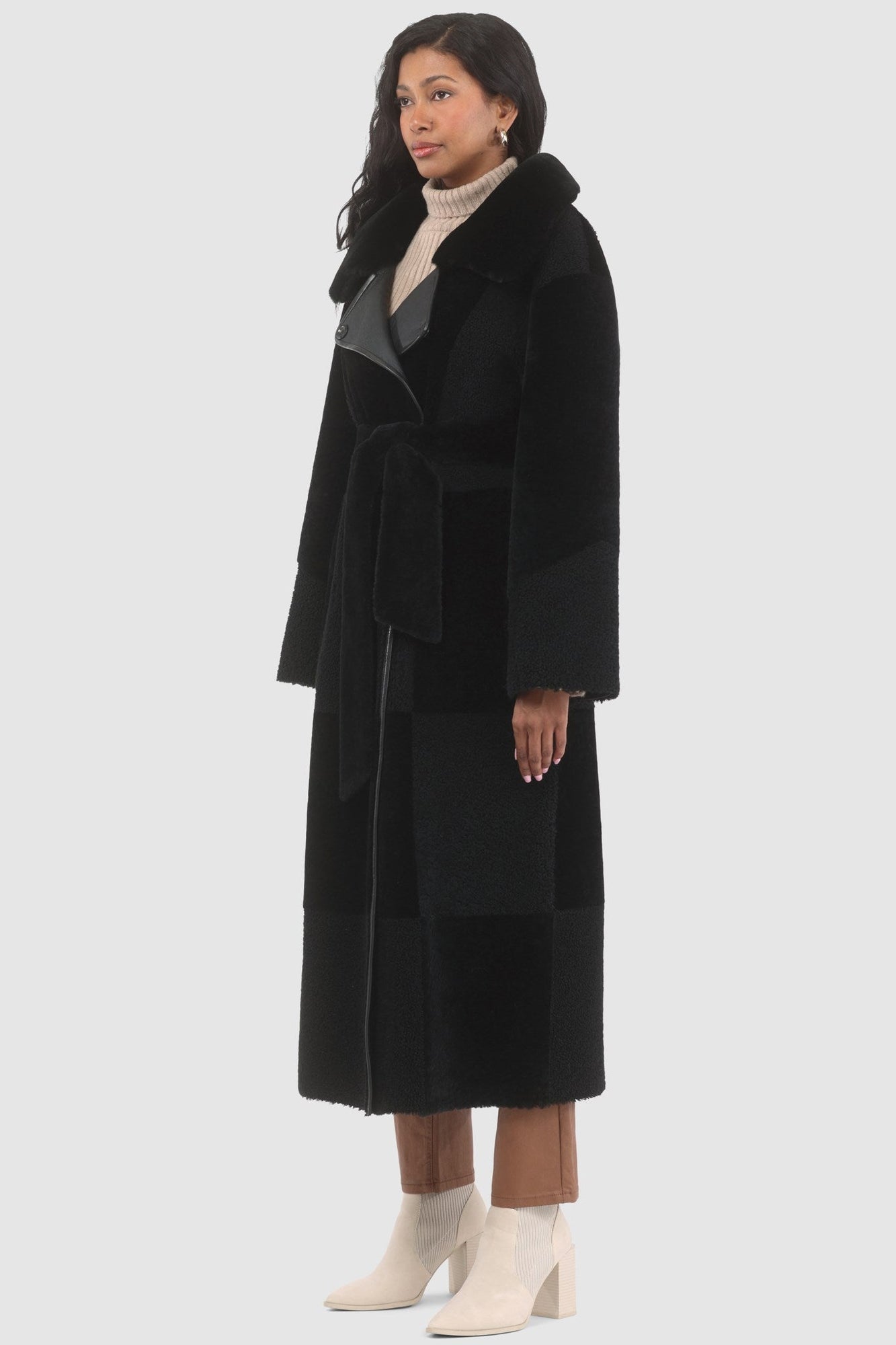 Reversible Select Shearling Lamb Coat With Notch Collar, Belt | Women | Black