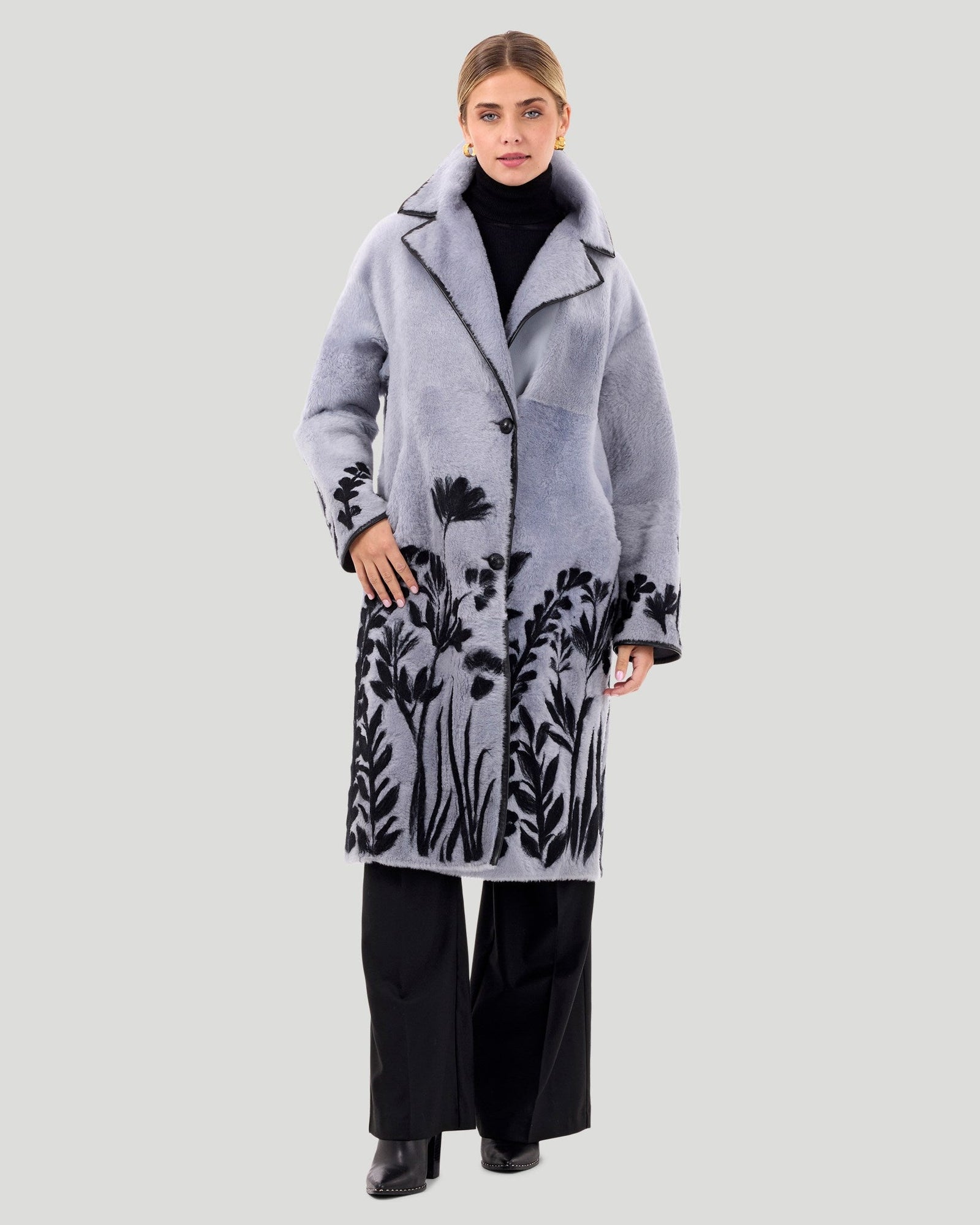 Reversible Select Shearling Lamb Short Coat With Embroidery | Women | Periwinkle x Black Floral