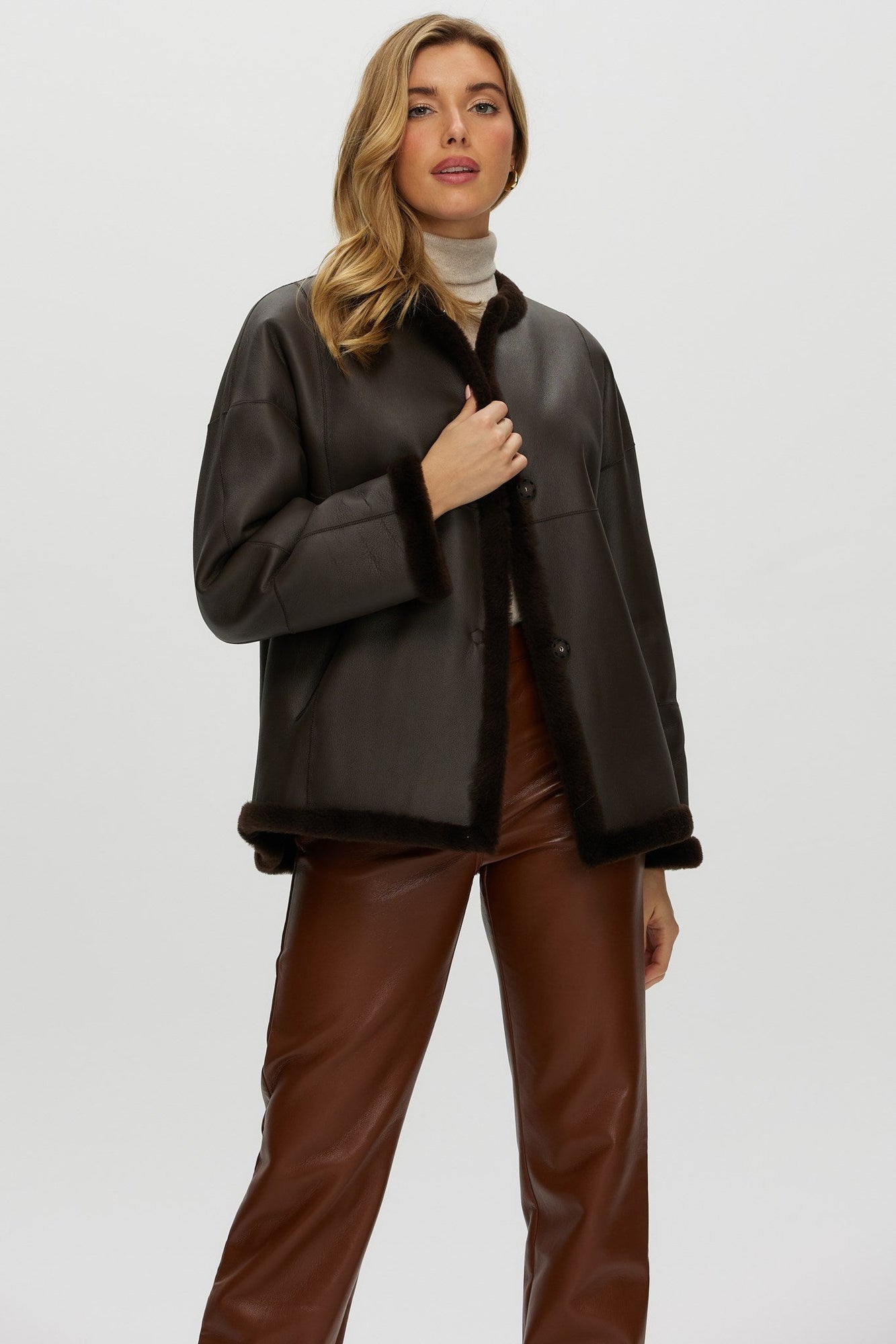 Reversible Shearling Lamb Collarless Jacket | Women | Dark Brown