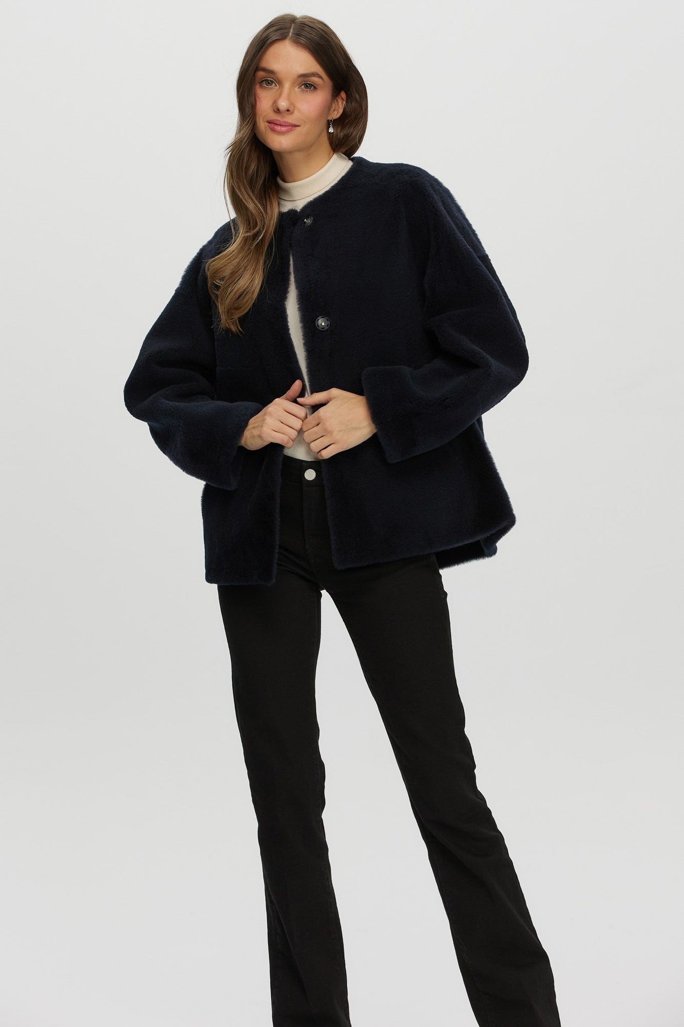 Reversible Shearling Lamb Collarless Jacket | Women | Navy