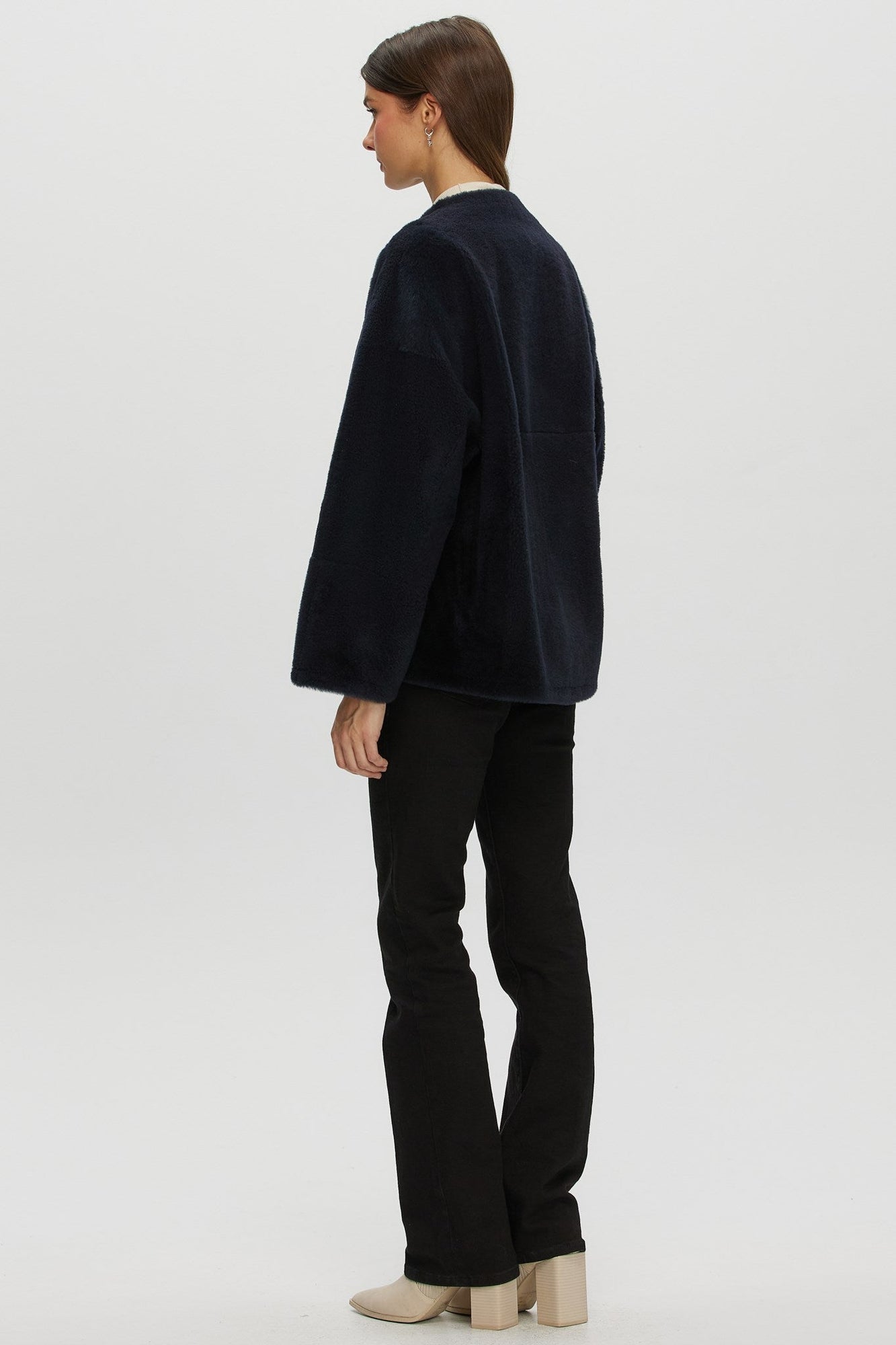 Reversible Shearling Lamb Collarless Jacket | Women | Navy