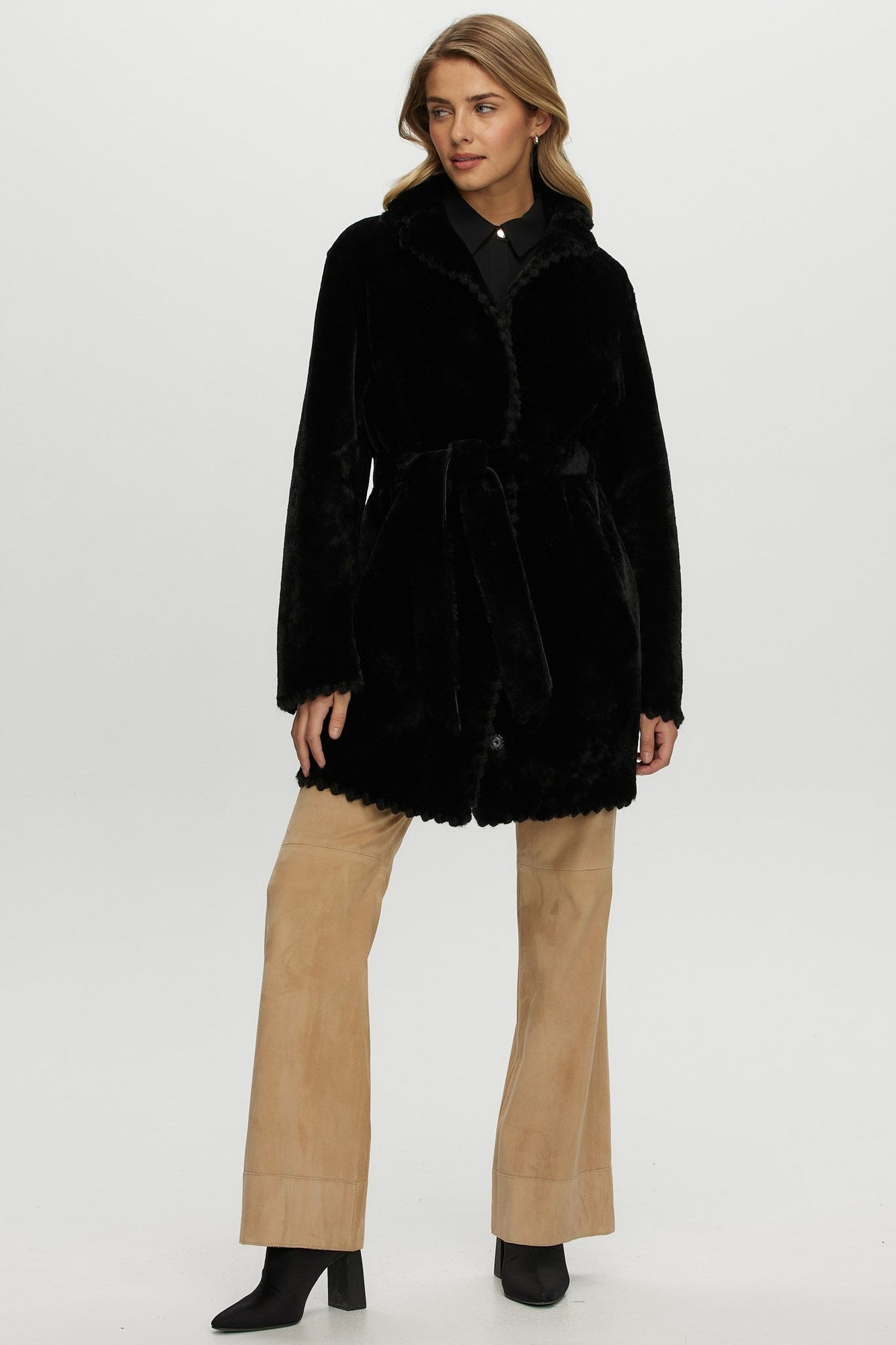 Reversible Shearling Lamb Jacket With Embroiderd Trim, Belt | Women | Black x Black