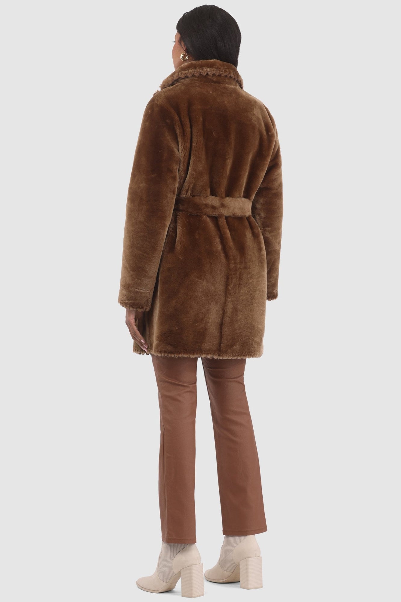 Reversible Shearling Lamb Jacket With Embroiderd Trim, Belt | Women | Camel x Camel