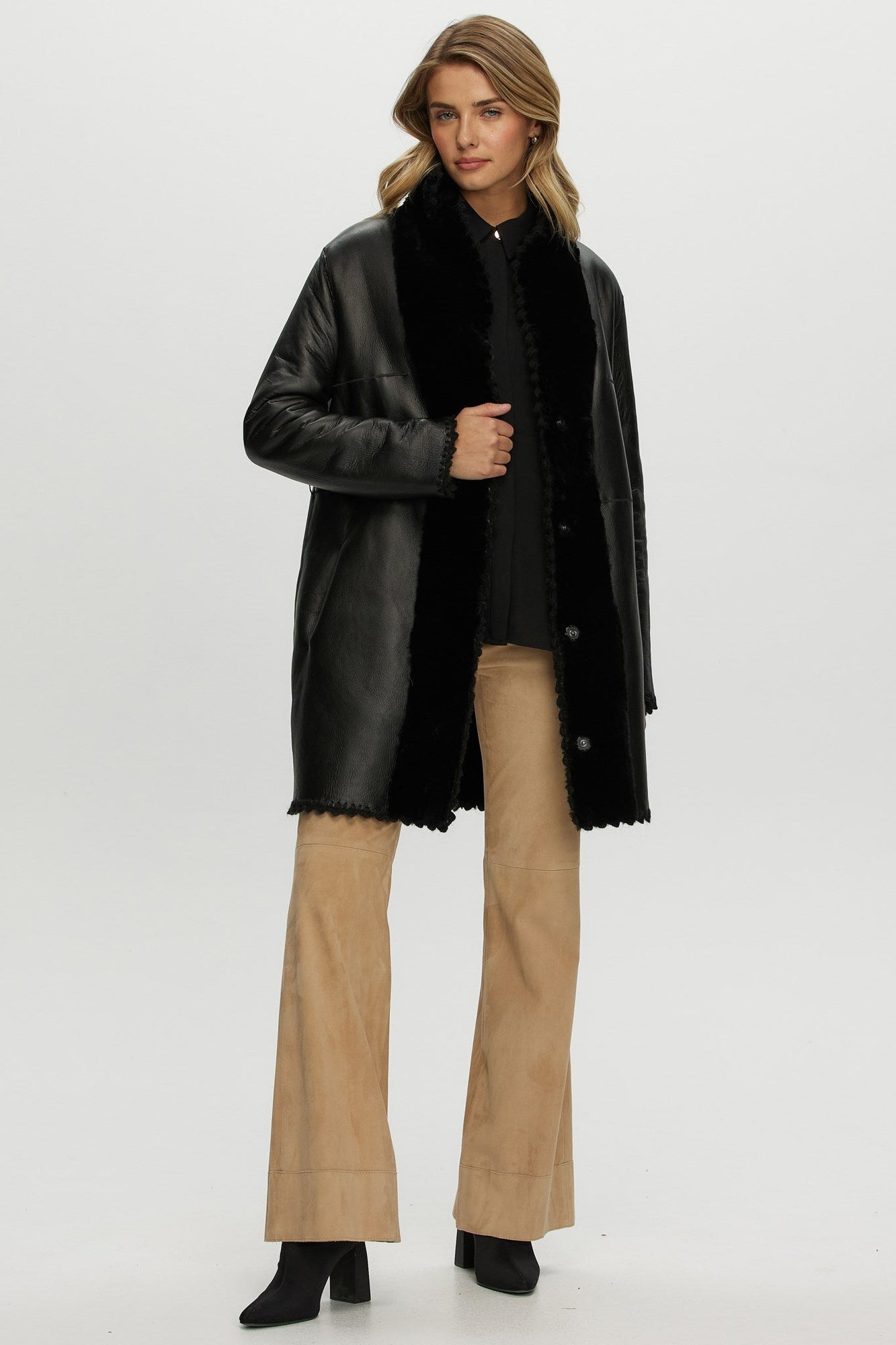 Reversible Shearling Lamb Jacket With Embroiderd Trim, Belt | Women | Black x Black