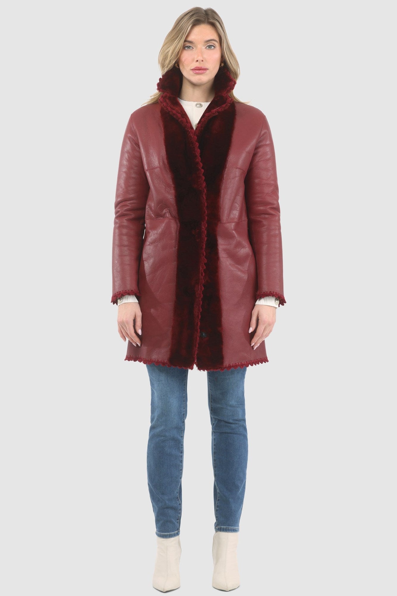 Reversible Shearling Lamb Jacket With Embroiderd Trim, Belt | Women | Wine x Wine